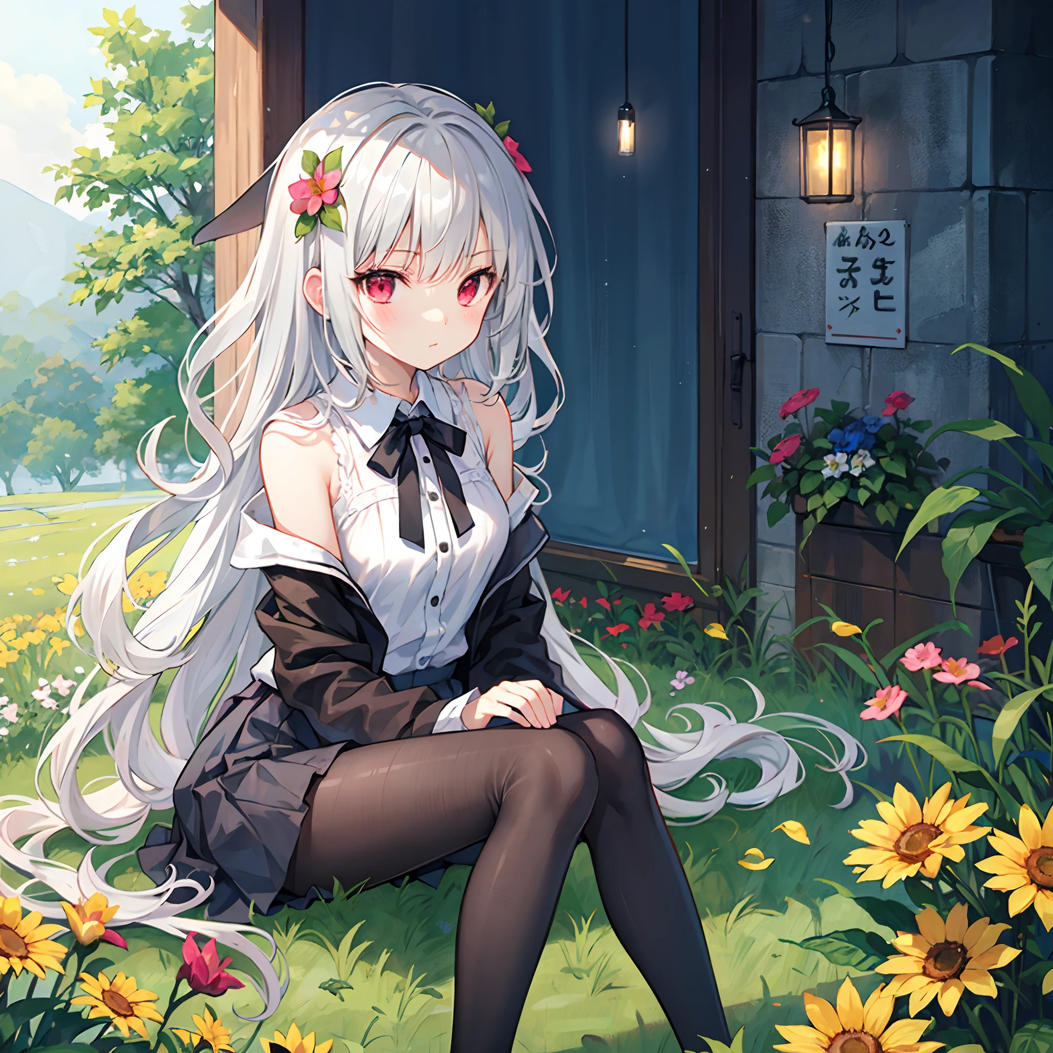 Wavy Gray Hair、red eyes、Beautiful girl alone、doress、off shoulders、a miniskirt、Black tights、sitting on、flower field
