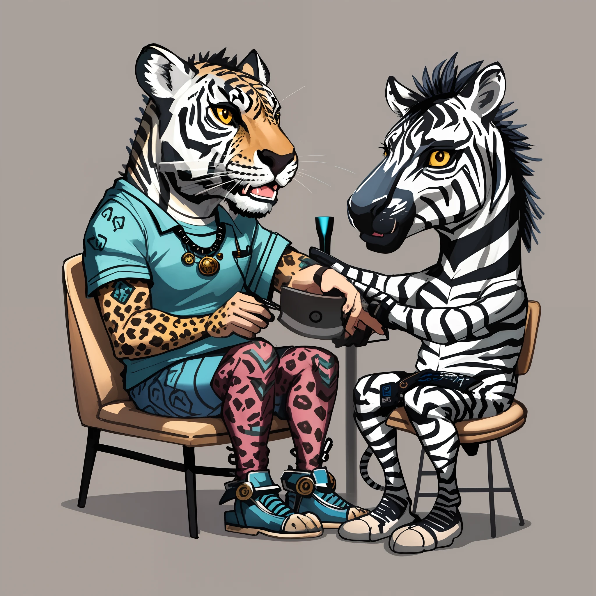 zebra and zebra sitting on a chair with a leopard in a blue dress, in style of digital illustration, funny weird illustration, funny illustration, humanoid cheetah, tattoo artist, highly detailed illustration, humorous illustration, anthropomorphic tiger, of anthro leopard warlock, digital illustration -, full color illustration, spotted ultra realistic, animal caricaturist