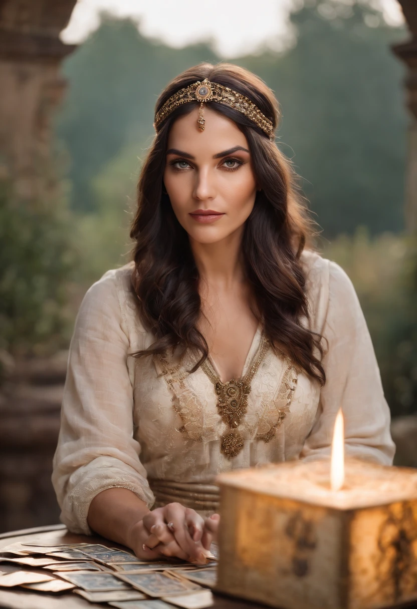 Create a captivating portrait of a gypsy fortune teller sitting at a mystical table adorned with tarot cards spread out in a captivating formation. The fortune teller, a 30-year-old female, should be the central focus of the image. She is seated close to the table, gazing intently at the tarot cards. Her white hair and striking blue eyes should be highlighted. Please use a Sony α7 III camera equipped with a 100mm lens for this shot to ensure a shallow depth of field (low aperture like f/2.8 or f/4) for a beautifully blurred background. The shutter speed should be set to a suitable value to capture the moment without any motion blur. The image should convey the mystery and intrigue of tarot readings.