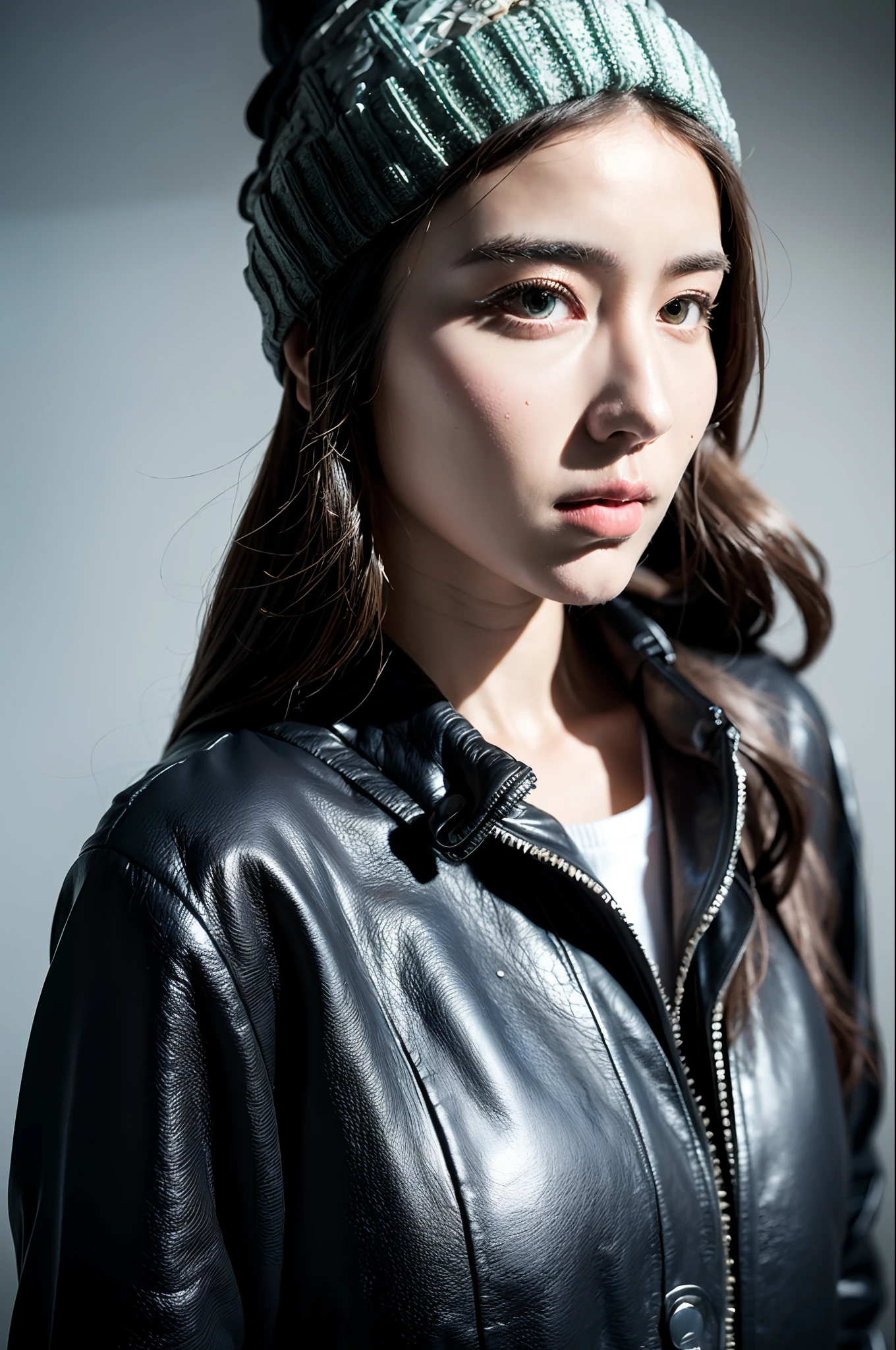 ( (8K:1.27), Best Quality, Masterpiece, Ultra High Resolution:1.2) Photo Beautiful Chinese Woman (Beauty:1.1) (Sci-Fi Warrior: 1.1) Space Warrior, (Beanie:1.61) (Leather Jacket:1.21) Greg Rutkowski and Alphonse Mucha designed intricate elegance, fantasy, detail, geometry, gradient lighting
