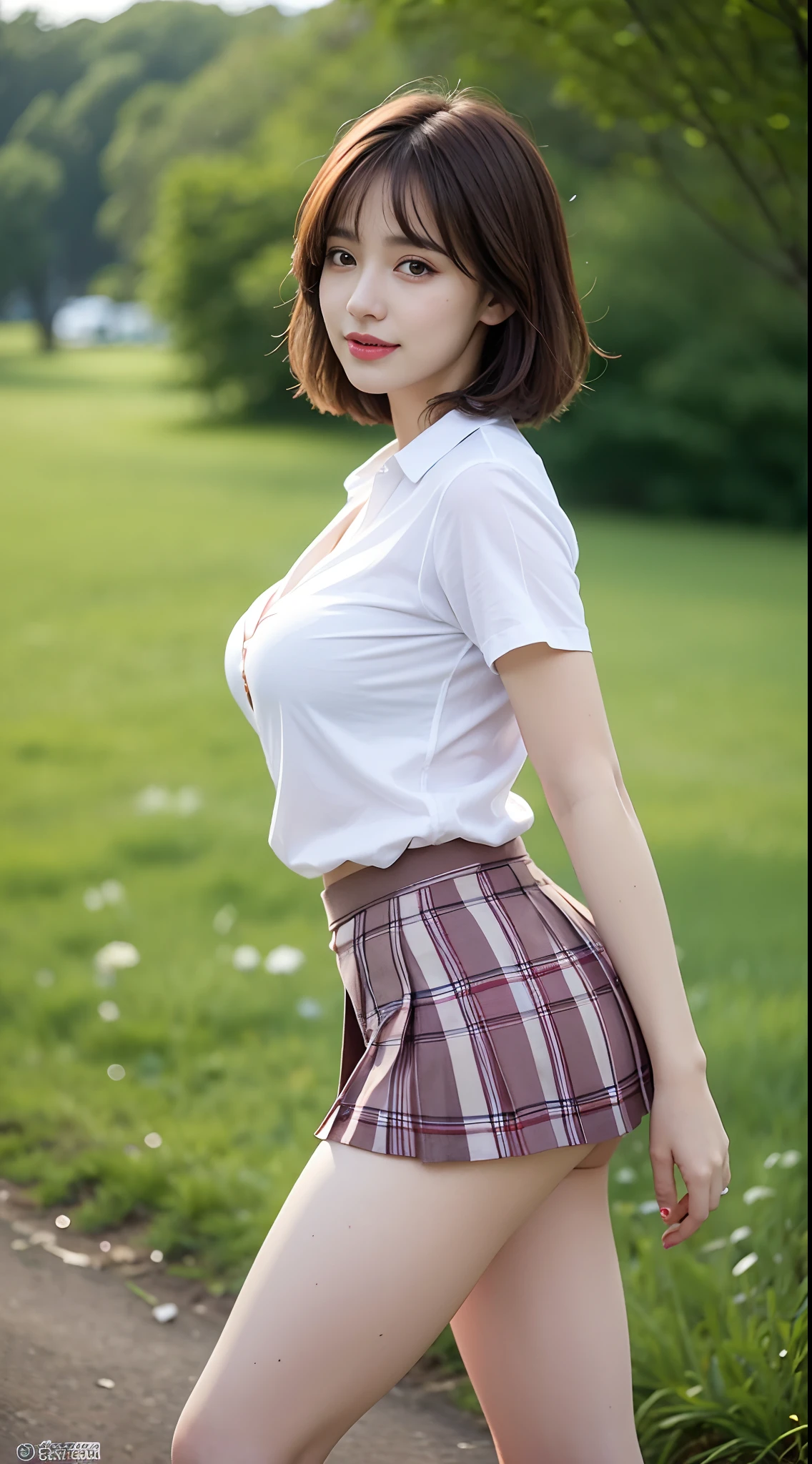 nsfw, 8K raw photo, Best quality, masterpiece, ultra high res, film grain, filmg, 1girl, looking at viewer, natural skin texture, realistic eye and face details, full lips, lipstick, (makeup), red eyeshadow, fluffy short hair, messy hair, smile, close mouth, beautiful legs, tall female, skinny, slim_legs, solo, enormous breast, cleavage, Pose with buttocks facing you, ultra short skirt, ass, shirt, beautiful nature location, around flower location, (detailed background), plaid skirt, white shirt, enormous breast, cleavage, Show a little cleavage through the shirt, loafers, blurry background, blurry, holding, plaid, short sleeves, jk ribbon on the neck, jk ribbon, brown hair, bracelet, water, bangs, school uniform, jewelry, parted lips, lips, from side, pleated skirt, depth of field
