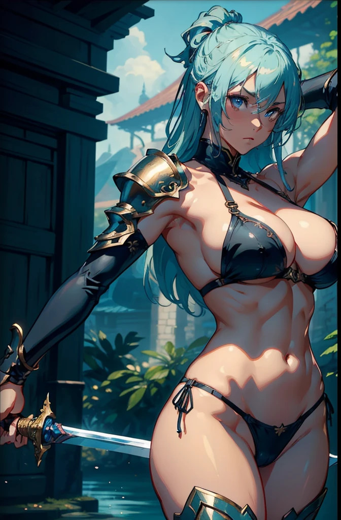 masterpiece、top-quality、Movie stills、woman swordsman、Female Warrior、Perfect eye depiction、30-years old、very muscular、Less body fat、Developed abs、Long fluffy light blue hair、sufficiently tanned skin、One arm is raised behind the head、Holding a sword in one hand、Nordic beauty、thin eyebrows、proud、goodlooking、Perfect proportions、huge tit、big breasts thin waist、A sexy、big breasts thin waist、maikurobikini、T back、Armor on the shoulder、Armor on the arm、耳Nipple Ring、Powerful posture、Depicts the whole body、 (best quality, 8K, masterpiece:1.2), ultra-detailed, realistic:1.37, HDR, UHD, studio lighting, ultra-fine painting, sharp focus, physically-based rendering, extreme detail description, professional, vivid colors, bokeh, portraits, landscape, art nouveau, warm color palette, atmospheric lighting