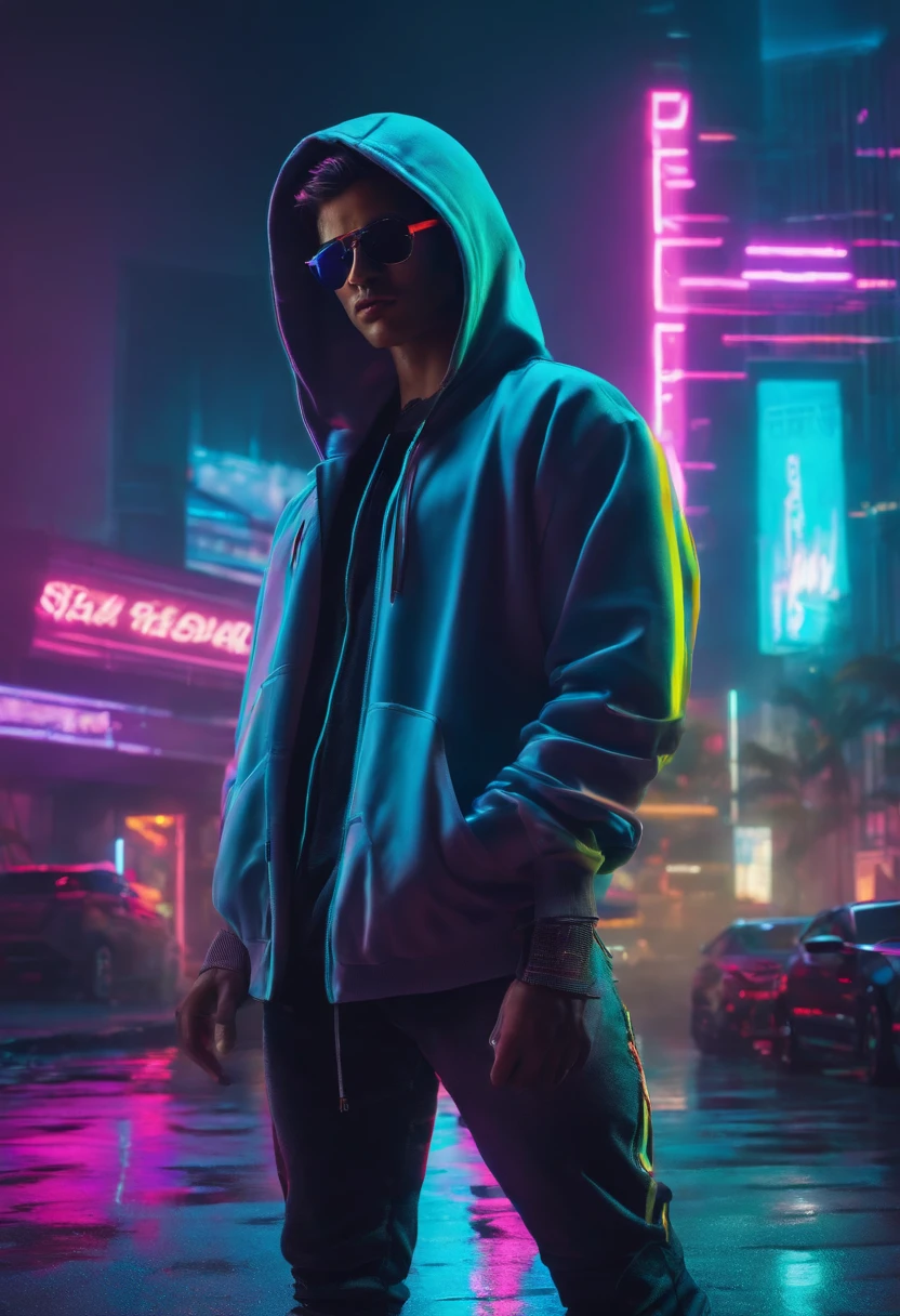 brightly lit man in hoodie with neon frame in background, cyberpunk vibes, synthwave art style, cyberpunk dude, synthwave style, synthwave inspired, synthwave art style ]!!, hero pose colorful city lighting, cyberpunk vibe, synthwave art, cyberpunk art style, cyberpunk hero, neon synth wave, style hybrid mix of beeple, neon cyberpunk