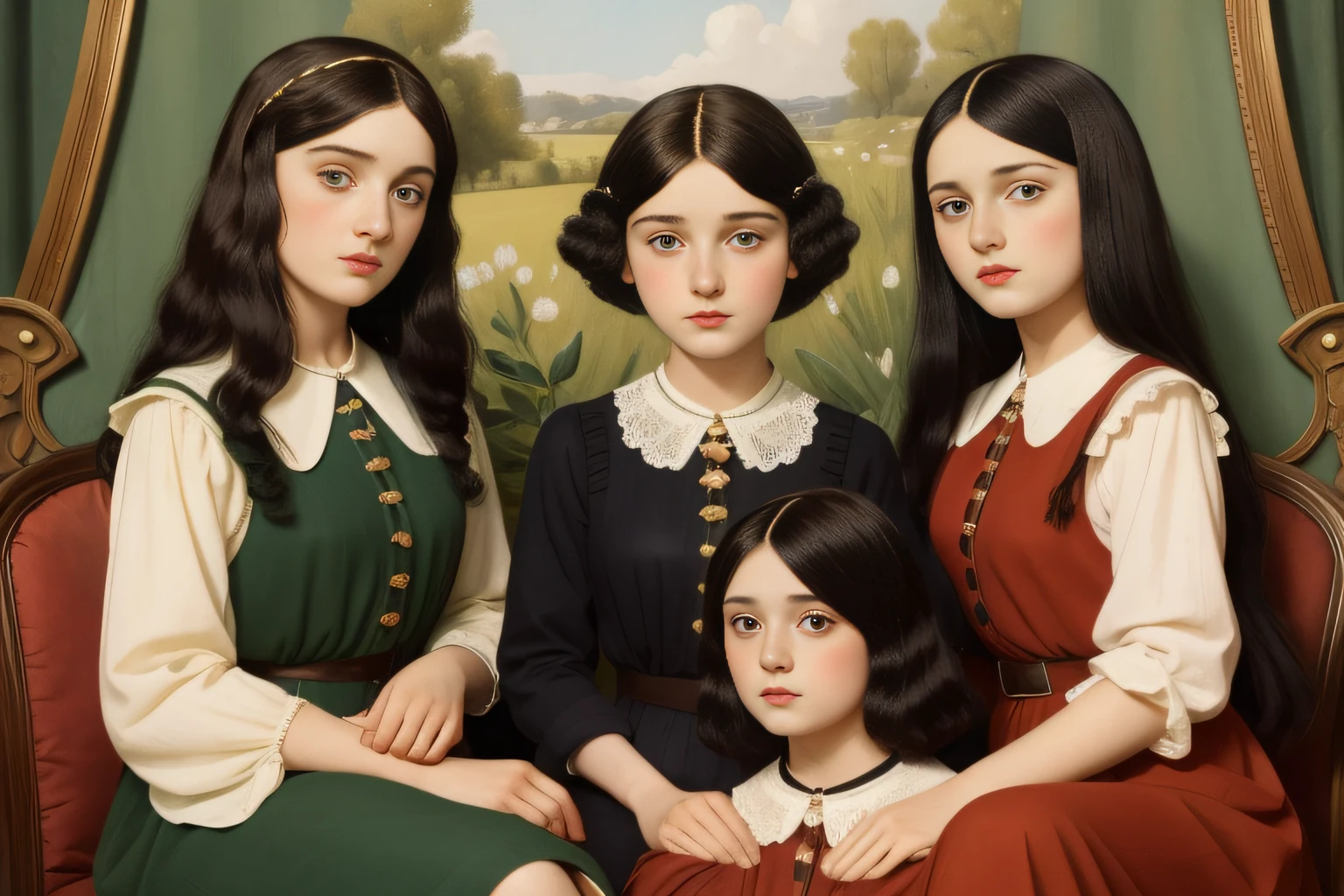 pre-raphaelite scene featuring teenager triplet sisters, with black hair and black eyes, each one with a distinctive hairstyle and a variety of hair length, different personalities and clothing, 1930s fashion