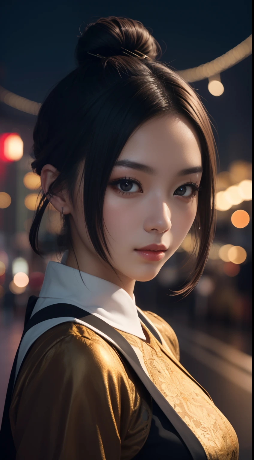 (A beautiful 20 year old Chinese beauty), (Short brown hair|Short black hair），（hair-bun，head gear，Hairpins), (Fair skin), （A more serious expression appeared on his face）, (Wearing an assassin costume of random colors), (city at night background), seen from the front, Face photos, Dynamic pose, Ambient lighting, Photo realism, intricate face details, Intricate hand details, Highly detailed, Vibrant colors, Cinematic, High definition, Popular on art sites - original style