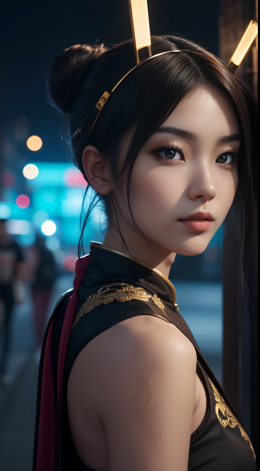 (A beautiful 20 year old Chinese beauty), (Short brown hair|Short black hair),(hair-bun,head gear,Hairpins), (Fair skin), (A more serious expression appeared on his face), (Wearing an assassin costume of random colors), (city at night background), seen from the front, Face photos, Dynamic pose, Ambient lighting, Photo realism, intricate face details, Intricate hand details, Highly detailed, Vibrant colors, Cinematic, High definition, Popular on art sites - original style