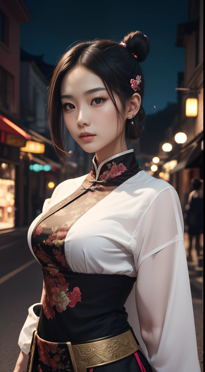 high resolution,
1 beautiful young woman,
(soft saturation:1.3), (fair skin:1.2),
wearing a white clothes,
85mm lens,f/8.0,
background,
gyaru,
brown hair,
medium breasts,

BREAK

(china street:1.3),
1girl, 18 years old, (china dress:1.5), side-tie peek, (china dress:1.5),
double bun and long twin tails, black hair