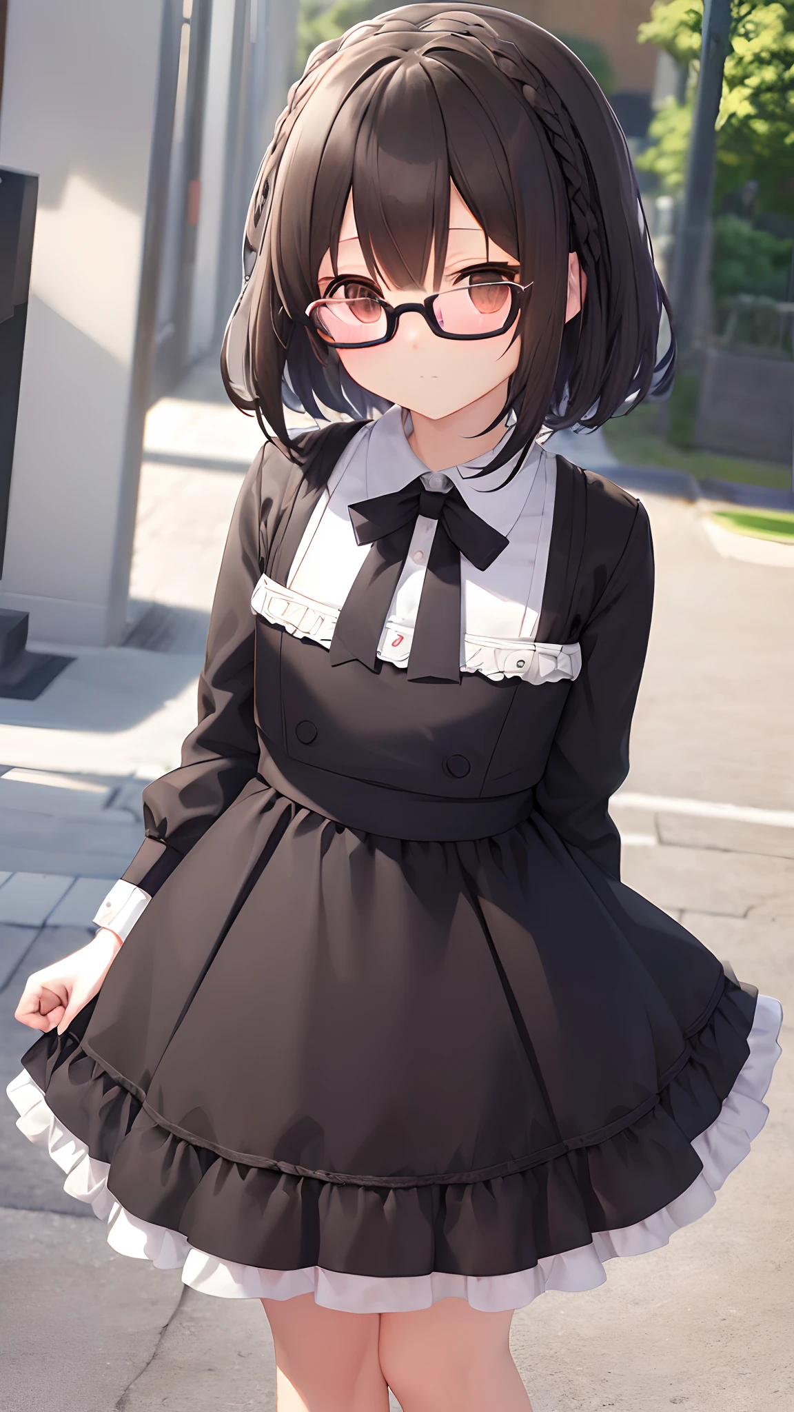 (masutepiece, Best Quality, Capture super cute moments, depth of fields, ultra-detailliert, Ultra High Resolution, C4D, Octadale, 3D Modeling, 8K, 16 K, one girls、a junior high school student、A dark-haired、short-hair、straight haired、Light brown eyes,hair adornments、wearing black glasses、Cute face)、OL、Suits、Office Suits