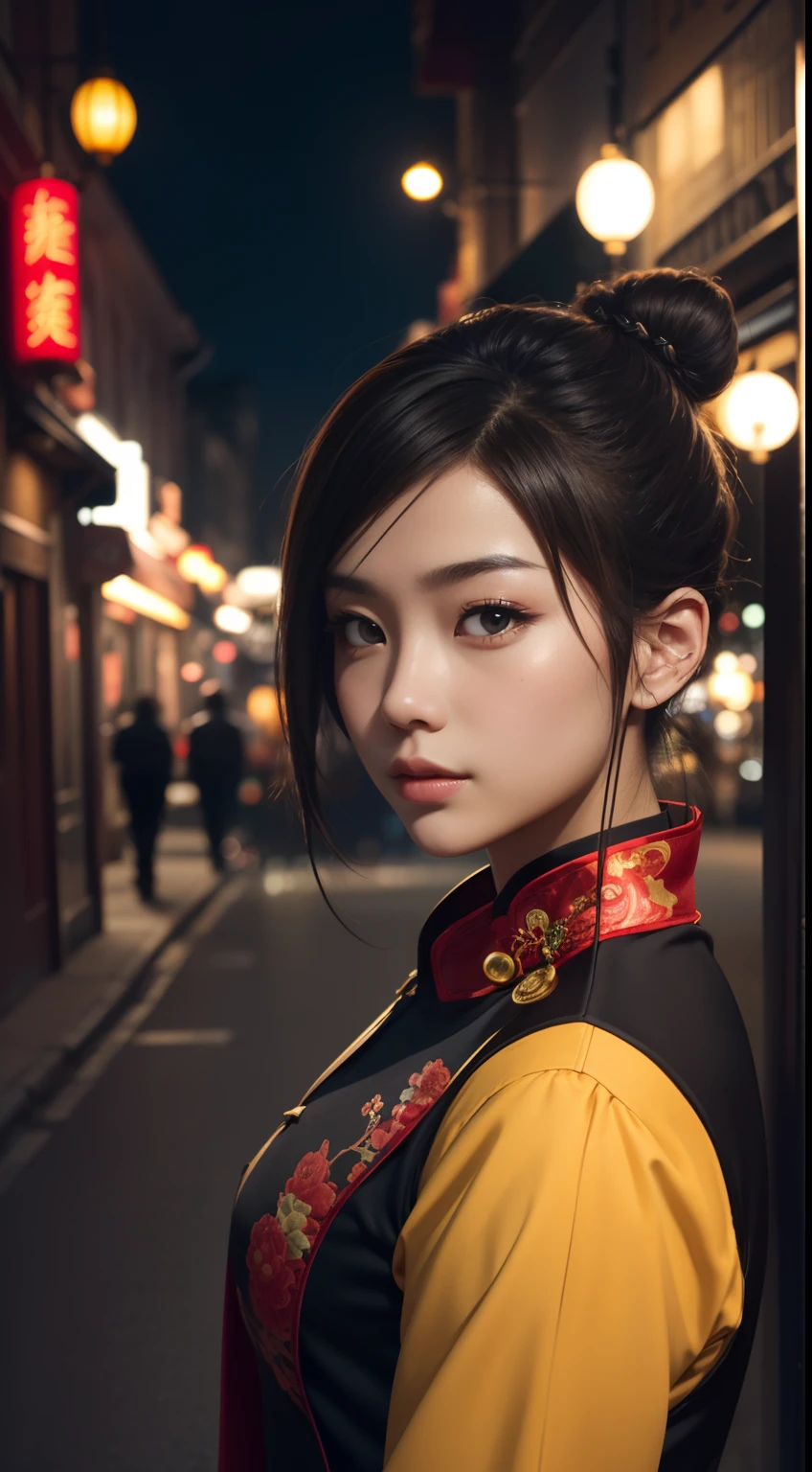 (A beautiful 20 year old Chinese beauty), (Short brown hair|Short black hair),(hair-bun,head gear,Hairpins), (Fair skin), (A more serious expression appeared on his face), (Wearing an assassin costume of random colors), (city at night background), seen from the front, Face photos, Dynamic pose, Ambient lighting, Photo realism, intricate face details, Intricate hand details, Highly detailed, Vibrant colors, Cinematic, High definition, Popular on art sites - original style