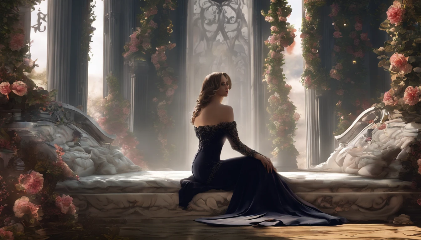(best quality,4k,8k,highres,masterpiece:1.2),ultra-detailed,(realistic,photorealistic,photo-realistic:1.37),female,voluptuous woman,beautiful detailed eyes,beautiful detailed lips,soft natural lighting,curvaceous figure,sensual pose,barefoot,private setting,seductive expression,vivid colors,smooth skin,pinup style,erotic undertones,long flowing hair,silhouette,subtle shadows,feminine curves,classic beauty,natural beauty,lush environment,colorful flowers,warm atmosphere