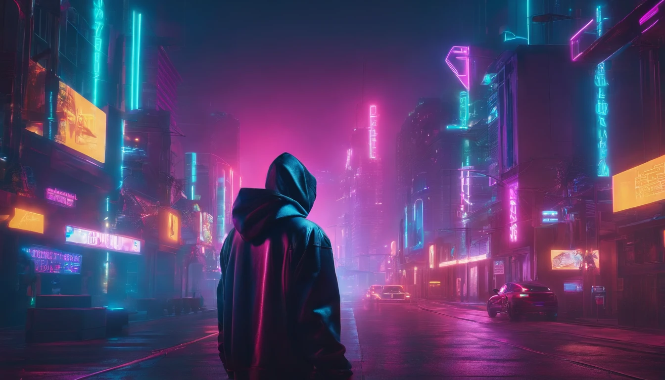 brightly lit man in hoodie with neon frame in background, cyberpunk vibes, synthwave art style, cyberpunk dude, synthwave style, synthwave inspired, synthwave art style ]!!, hero pose colorful city lighting, cyberpunk vibe, synthwave art, cyberpunk art style, cyberpunk hero, neon synth wave, style hybrid mix of beeple, neon cyberpunk