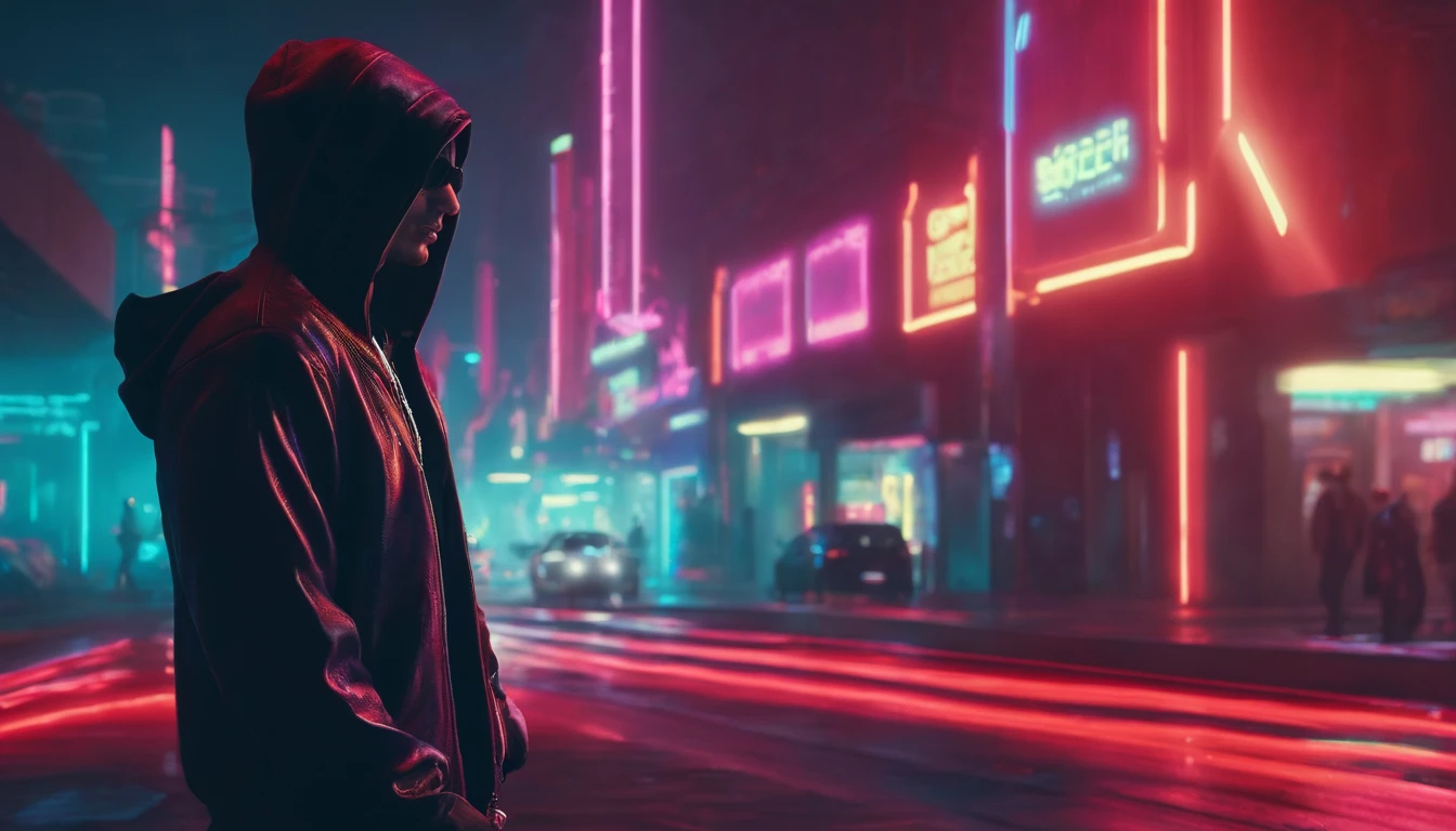 brightly lit man in hoodie with neon frame in background, cyberpunk vibes, synthwave art style, cyberpunk dude, synthwave style, synthwave inspired, synthwave art style ]!!, hero pose colorful city lighting, cyberpunk vibe, synthwave art, cyberpunk art style, cyberpunk hero, neon synth wave, style hybrid mix of beeple, neon cyberpunk