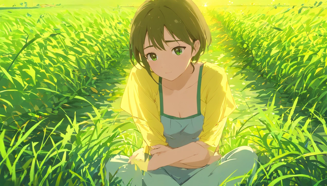 (Melancholy:1.5), Infinite green [Green field:1.3], Natural landscape:1.2], Strong cravings, The love of youth, Every look is gentle, Sadness Face, A combination of beauty and integrity，streaming tears，The sun shines
