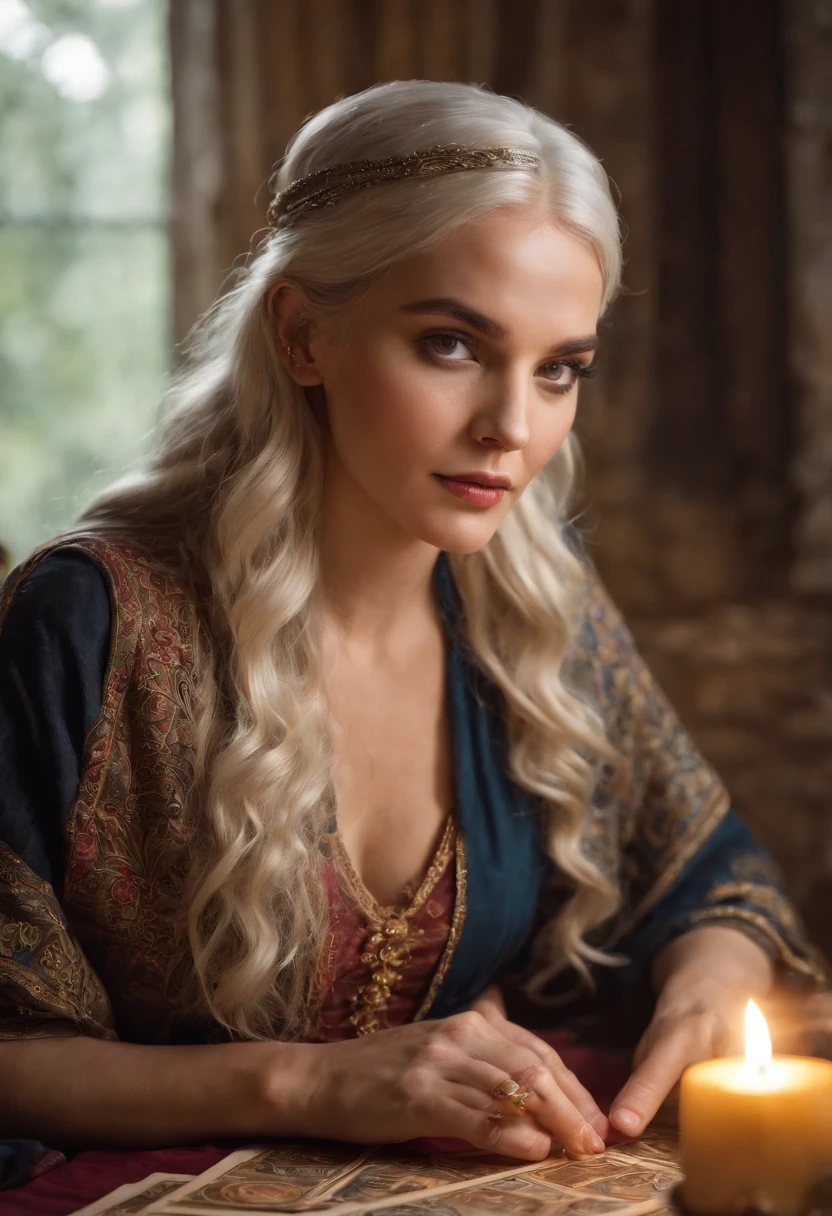 Create a captivating portrait of a gypsy fortune teller sitting at a mystical table adorned with tarot cards spread out in a captivating formation. The fortune teller, a 25-year-old female, should be the central focus of the image. She is seated close to the table, gazing intently at the tarot cards. Her white hair and striking blue eyes should be highlighted. Please use a Sony α7 III camera equipped with a 100mm lens for this shot to ensure a shallow depth of field (low aperture like f/2.8 or f/4) for a beautifully blurred background. The shutter speed should be set to a suitable value to capture the moment without any motion blur. The image should convey the mystery and intrigue of tarot readings.