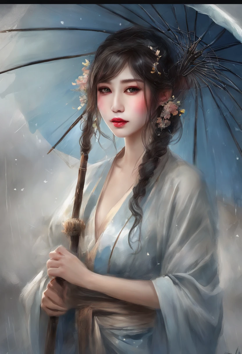 Anime girl woman kneeling on the ground in the rain,A girl in Hanfu, It just rained, After the rain, Soaked, Drenched Body, wet tshirt, Wet shirt, high definition cgsociety,after rain and no girls, wash off in the rain, Wet look,Exquisite and perfect facial features,美丽细致的眼睛,long eyelasher,Delicate eyeliner,almond eyes,Blue eyes,Dark pupils,There are bright spots in the eyes,Beautiful lip details,8K high-definition,Oil painting thick painting style ,True photography