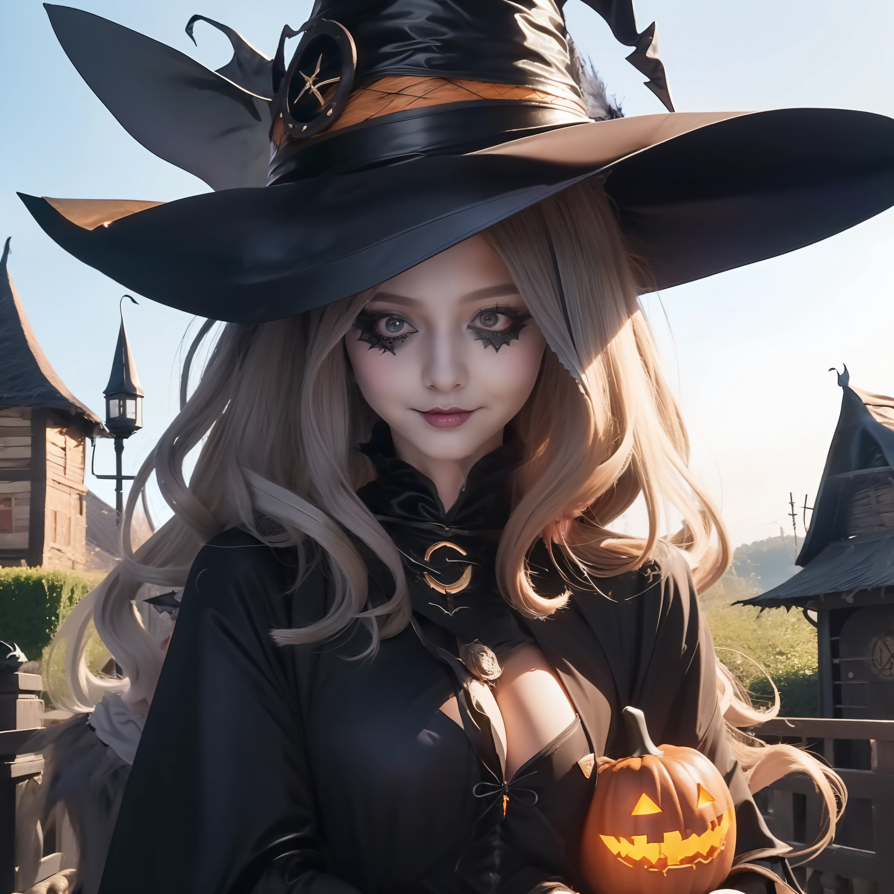 (1 girl in:1.4)、(Witch Costume:1.5)、Halloween Costumes、a beauty girl、 student、Super beautiful、8K、realisitic、HDTV、top-quality、Super masterpiece、