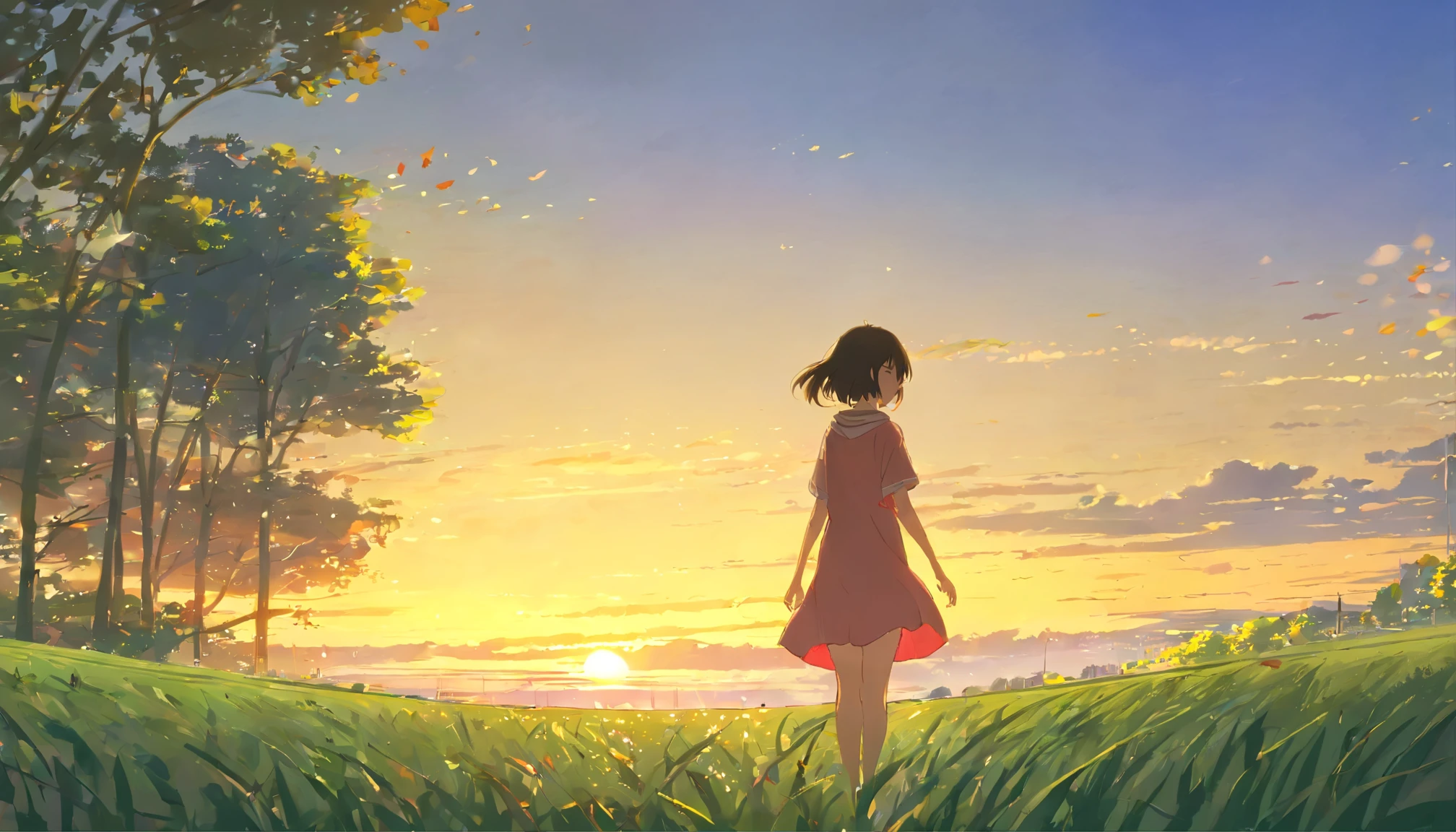 (Melancholy:1.5), Infinite green [Green field:1.3], Natural landscape:1.2], Strong cravings, The love of youth, Every look is gentle, Sadness Face, A combination of beauty and integrity，streaming tears，The sun shines