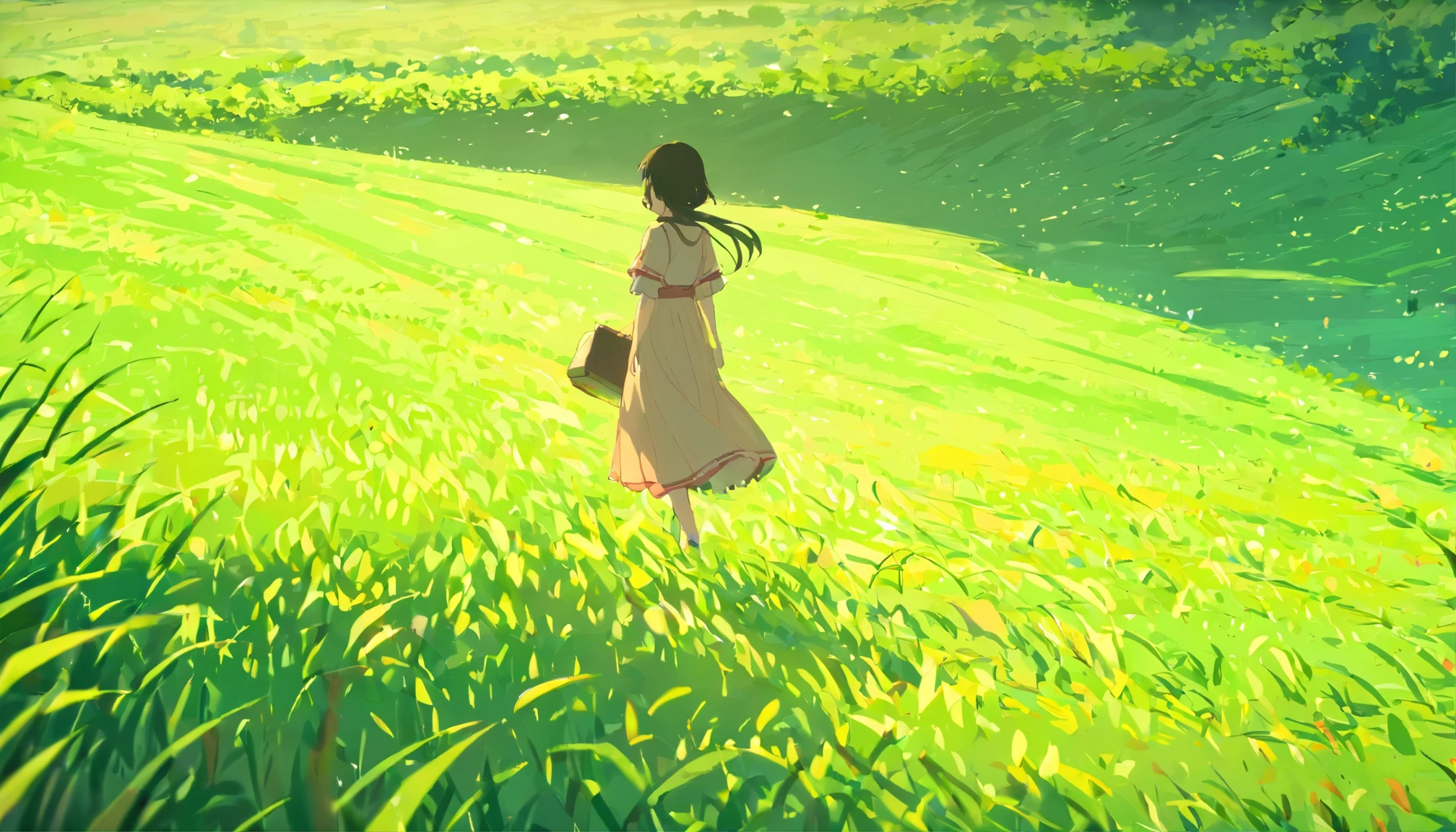 (Melancholy:1.5), Infinite green [Green field:1.3], Natural landscape:1.2], Strong cravings, The love of youth, Every look is gentle, Sadness Face, A combination of beauty and integrity，streaming tears