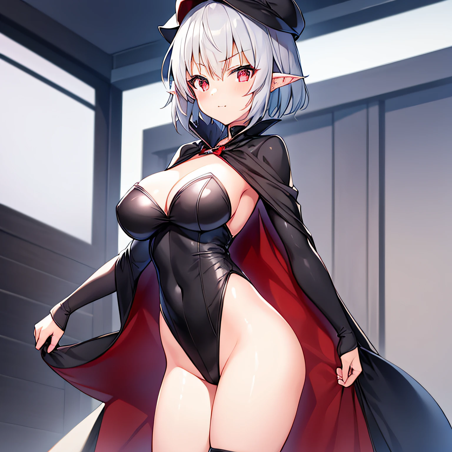 1 girl	
Gray hairstyle、short-hair、blush	
cape	
crossing_weapons	
full_body
hat	
High-leg	
leotard	
see_で_viewer
parody	
Horns grow、Pointed_ear	
red_eye	
smile	
solo	
standing	
Tachie	
standing、