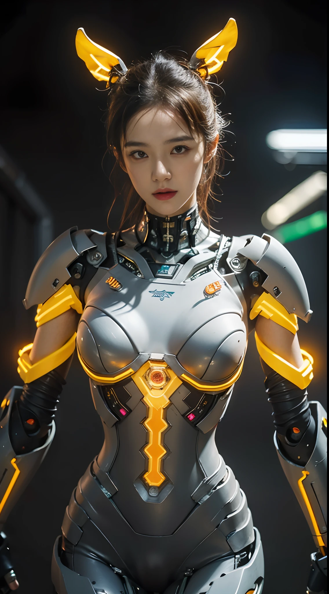 ((tmasterpiece,best qualtiy)), illustratio,1girll,Rabbit ears,Large breasts,dynamicposes, Ultra-detailed 8K, realisticlying, Clear focus, highly detailed, profesional lighting, Colorful detailed, Color separations of rainbow colors, Extra-long shots from the factory, Large mechanical robot structure, micro Chip, Computer, with light glowing, intricately details, Shitu-mecha, 1girll, Wearing mecha, nabel, Colorful picture, with light glowing, (cyber punk perssonage),xiaowu
