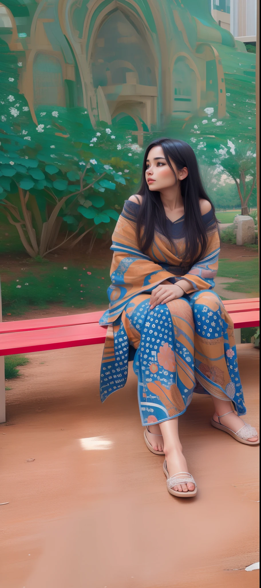 Beautiful girl sitting on the bench ultra realistic face