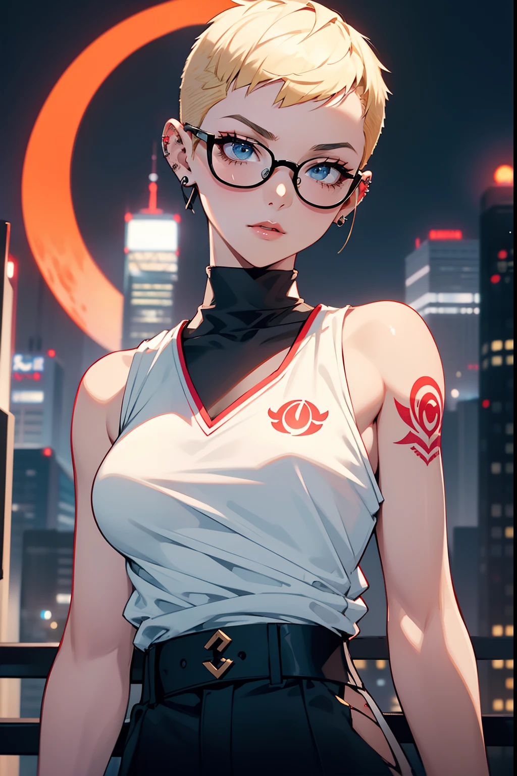 Young woman, Riley Nixon haircut, shaved hair, Blonde hair, Very short hair, Bald, White vest T-shirt, Red Moon tattoo, Tattoo on the right arm, Wearing glasses, Blonde hair, Riley Nixon haircut, Lipstick Black, Piercings in the face, On a skyscraper, looking at viewert, Storm City, 4K