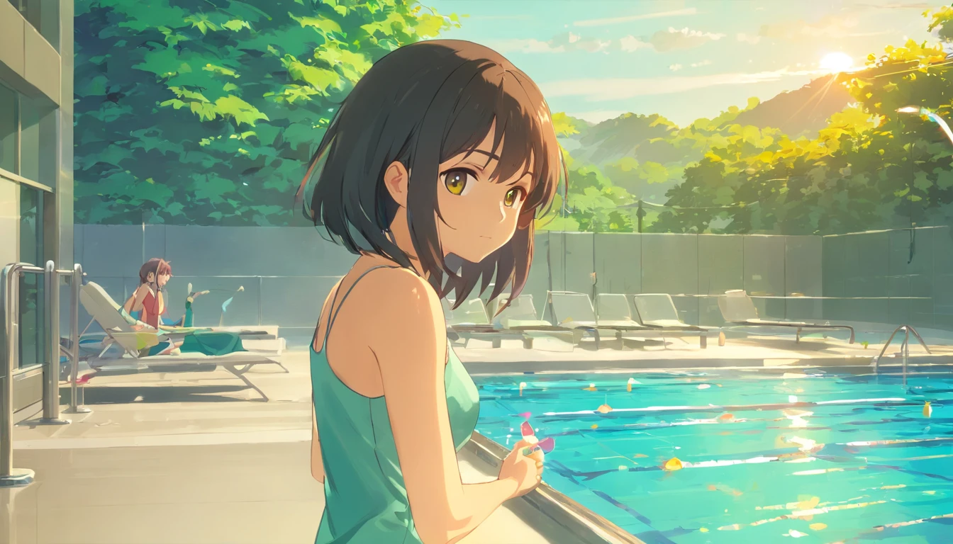 (Melancholy:1.5), Infinite Blue[Swimming pool:1.3], Natural landscape:1.2], Strong cravings, The love of youth, Every look is gentle, Sadness Face, A combination of beauty and integrity，streaming tears，The sun shines，wearing a swimming wear