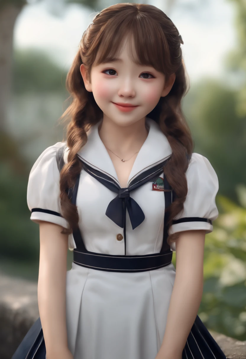 (8K), (Best Quality: 1.2), (Realistic), (Photorealistic: 1.37), Ultra High Definition, 1 Girl, Cute, Smile, Closed Mouth, Beautiful Details, Beautiful Nose, Full Body, Wet Hair, Colossal Dalsefo, Pork, School Uniform, Thighs