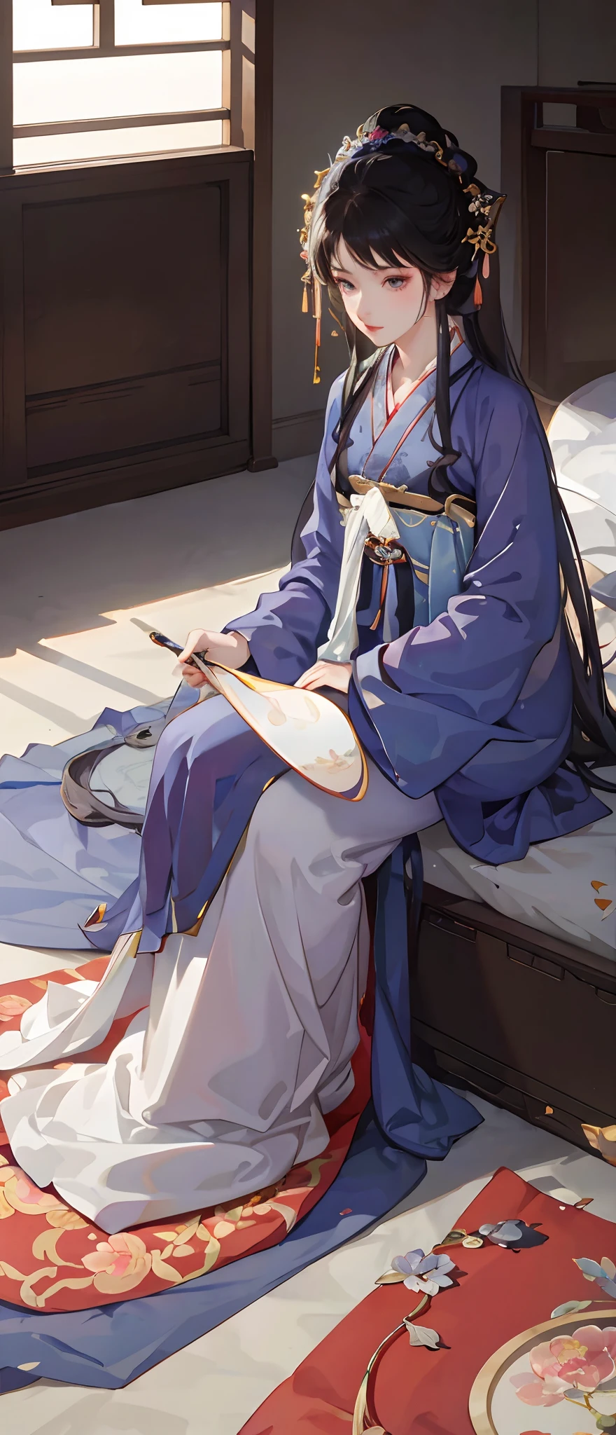 There is a woman sitting on the bed having,boudoir,inside in room, A girl in Hanfu, Beautiful character painting, flowing hair and long robes, Wearing ancient Chinese clothes, trending on cgstation, highly detailed exquisite fanart, Digital anime illustration,Facial expression drop,Hand held fan