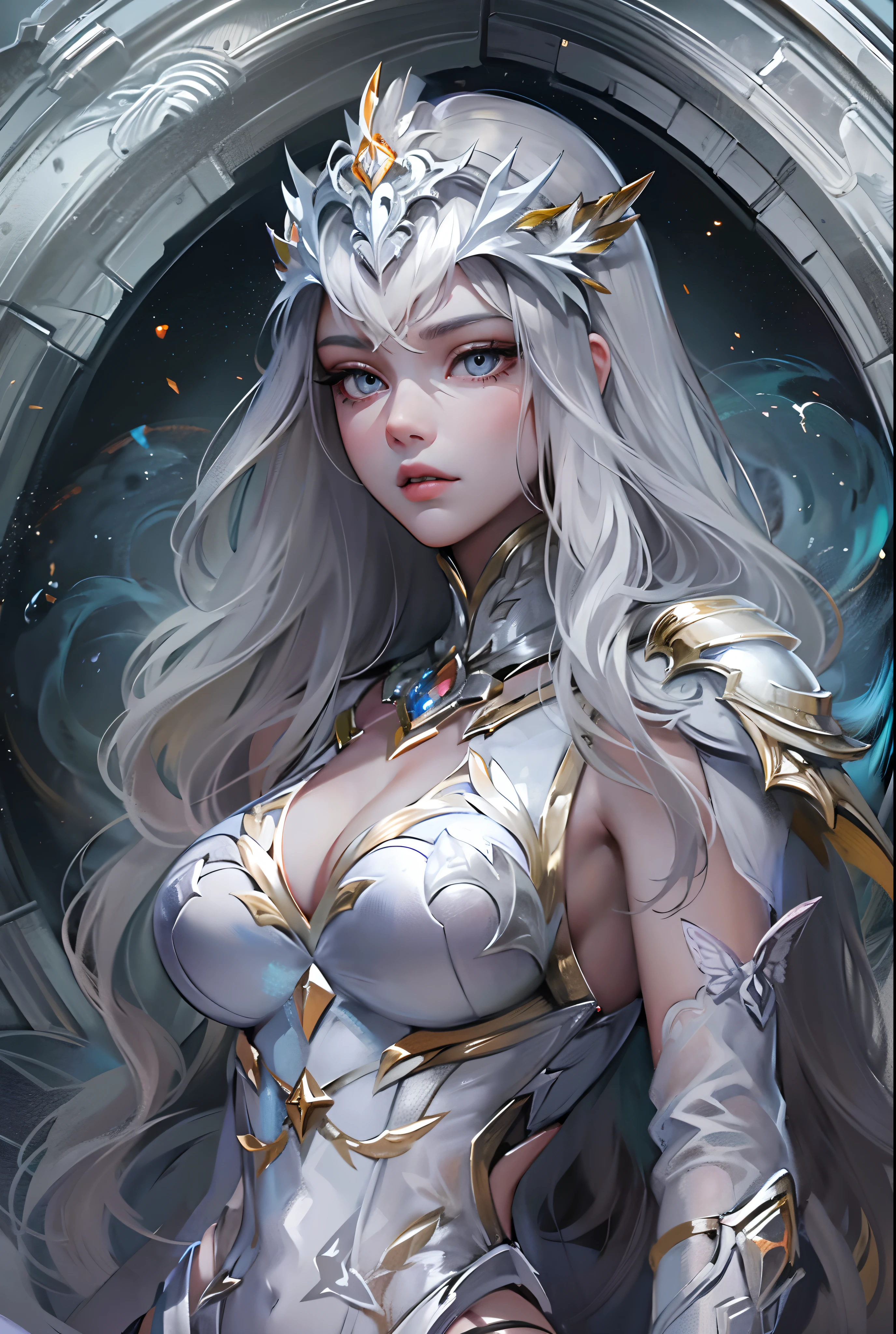 ((tmasterpiece))，(Best quality at best)，(A half body)，looks away，(ultra intricately detailed)，(Highest definition)，(8K)，(Clean lines)，(Perfect facial features，Perfect flesh)，(offcial art)，1lady，Demigod，Cosmic Enforcer，Master the balance，Majesty，Solemn，vacant eyes，Extremely long hair like the Milky Way，Starry twinkling eyes，Indifferent expression，(Gorgeous silver mask)