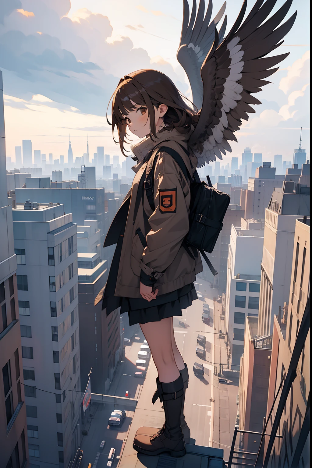 (masterpiece, best quality),from above , 1girl, solo, (feathered wings:1.2), billboard, brown eyes, brown hair, building, city, cloudy sky, coat, boots, crane \(machine\), dutch angle, from side, light frown, looking at viewer, outdoors, rooftop, sky, skyscraper