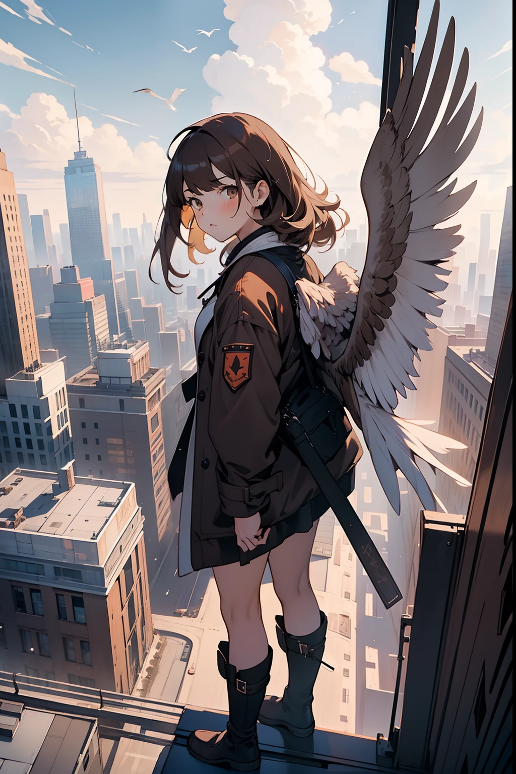 (masterpiece, best quality),from above , 1girl, solo, (feathered wings:1.2), billboard, brown eyes, brown hair, building, city, cloudy sky, coat, boots, crane \(machine\), dutch angle, from side, light frown, looking at viewer, outdoors, rooftop, sky, skyscraper