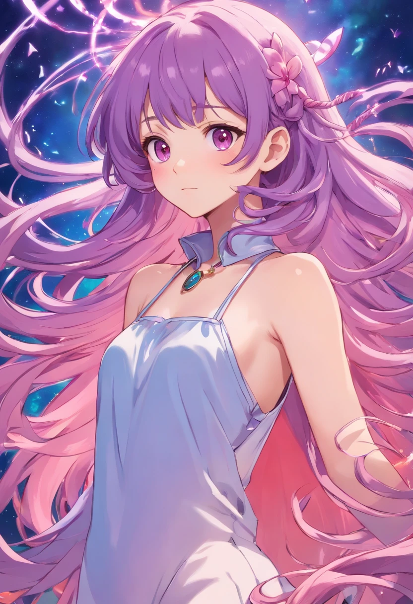 Uma menina de cabelos longos, cor do cabelo roxo, tom de pele branca com orelhas de raposa, com um olhar meio sexy com um um casaco rosa com branco, e com um colar escrito Medusa, e brincos de argola media