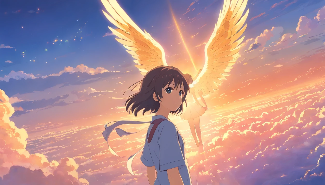 Angels without human feelings, the creator of the universe, mito, In the background of the image, Scene of the Tian Shan, orange clouds. The style of the image should be a caricature, With strong and eye-catching brushstrokes, As well as the mythology and angelic breath of the characters ,Female angels,grim eyes