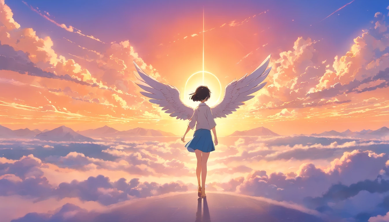 Angels without human feelings, the creator of the universe, mito, In the background of the image, Scene of the Tian Shan, orange clouds. The style of the image should be a caricature, With strong and eye-catching brushstrokes, As well as the mythology and angelic breath of the characters ,Female angels,grim eyes