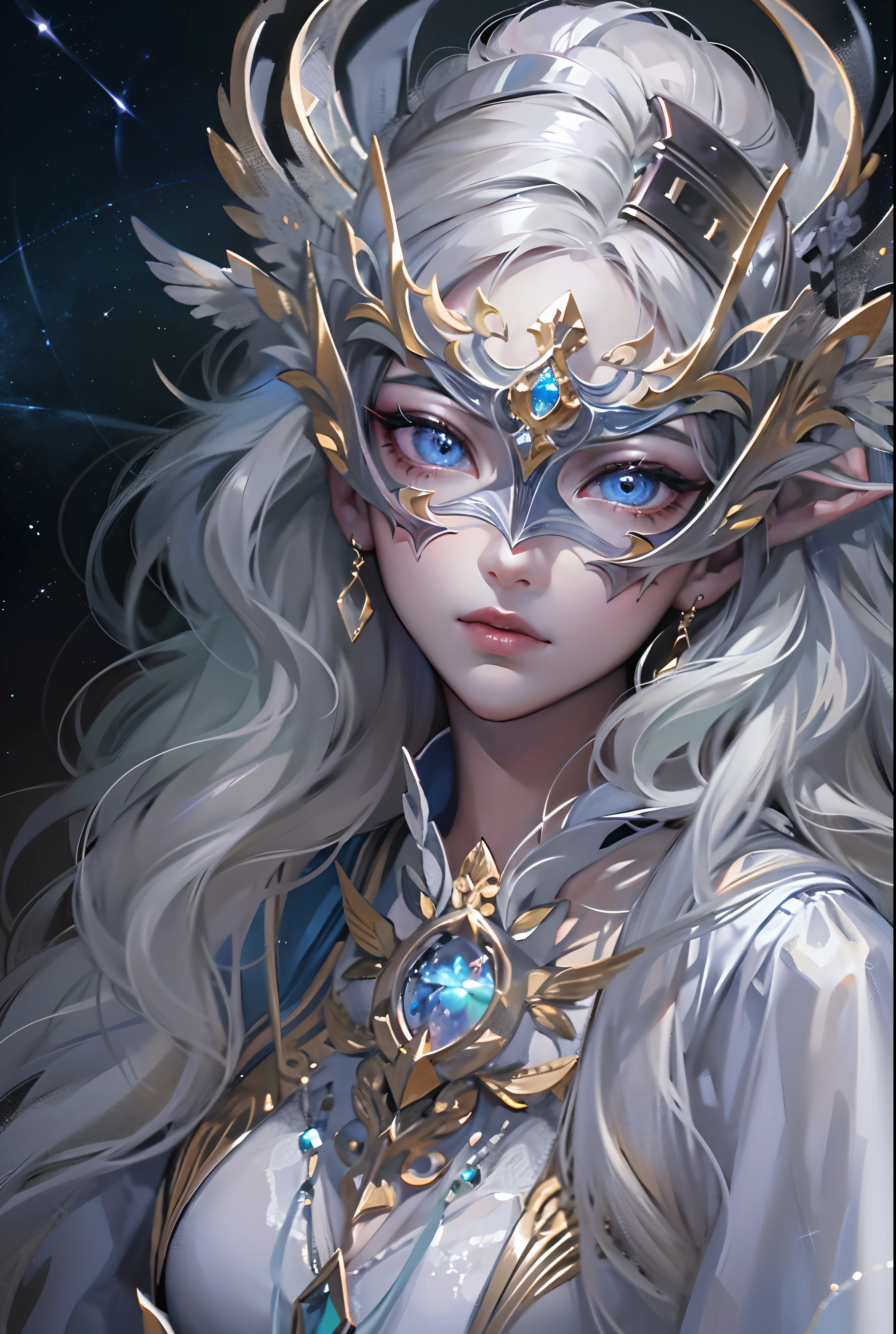 ((tmasterpiece)),(Best quality at best),(A half body),looks away,(ultra intricately detailed),(Highest definition),(8K),(Clean lines),(Perfect facial features,Perfect flesh),(offcial art),1lady,Demigod,Cosmic Enforcer,Master the balance,Majesty,Solemn,vacant eyes,Extremely long hair like the Milky Way,Starry twinkling eyes,Indifferent expression,(Gorgeous silver mask)