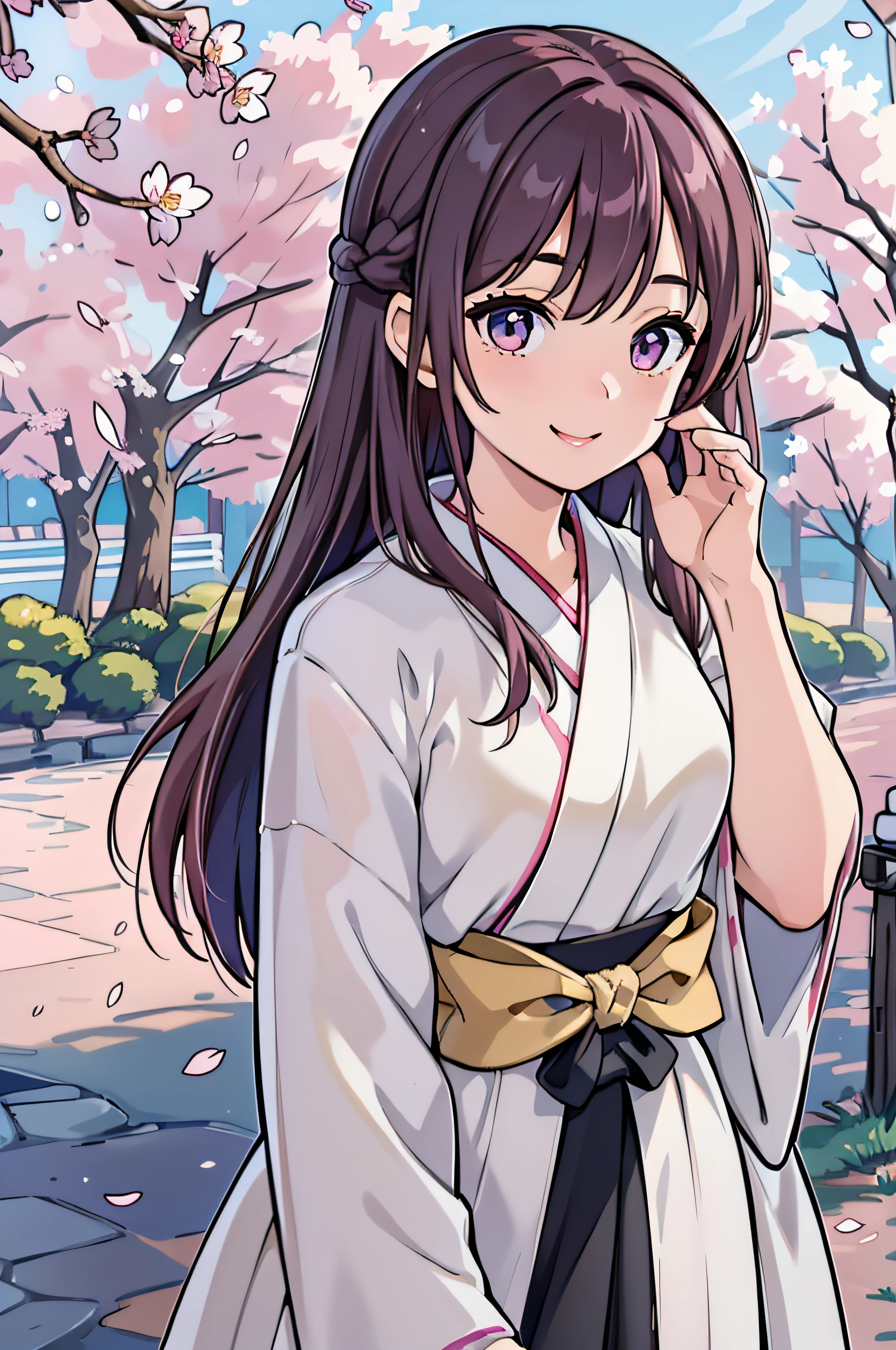 (Masterpiece, Daylight portrait:1.3), (Charming image of a 7 girl in Japan under cherry blossoms:1.2), (Sony A6400 camera, Known for its fast autofocus and detail preservation:1.2), (With Sony E 50mm f/1.8 OSS lenses,Capture clear and detailed portraits:1.2), (Long, Smooth brunette hair is smoothly layered, intricately details:1.1), (Fine hair sparkles in the light:1.1), (The symmetrical face is decorated with professional makeup:1.1), (Delicate characters dressed in traditional Japanese kimono:1.1), (Shiny hair blocks the sun,Rejuvenate:1.1), (The charming smile exudes real warmth:1.1), (The vibrant cherry blossoms outline the tranquil scene:1.1), (Peaceful park setting, Vibrant with spring colors:1.1), (The camera's sensors captured the subtle intricacies of her facial features and dress。。。。。。。。:1.1), (The camera focuses on her smile, Capture its natural charm:1.1), (Instantly frozen in time, Embodies the beauty of youth and nature:1.1), (A harmonious blend of cultural elegance and joyful authenticity:1.1), (Capture a portrait of true happiness under the cherry blossoms:1.1)