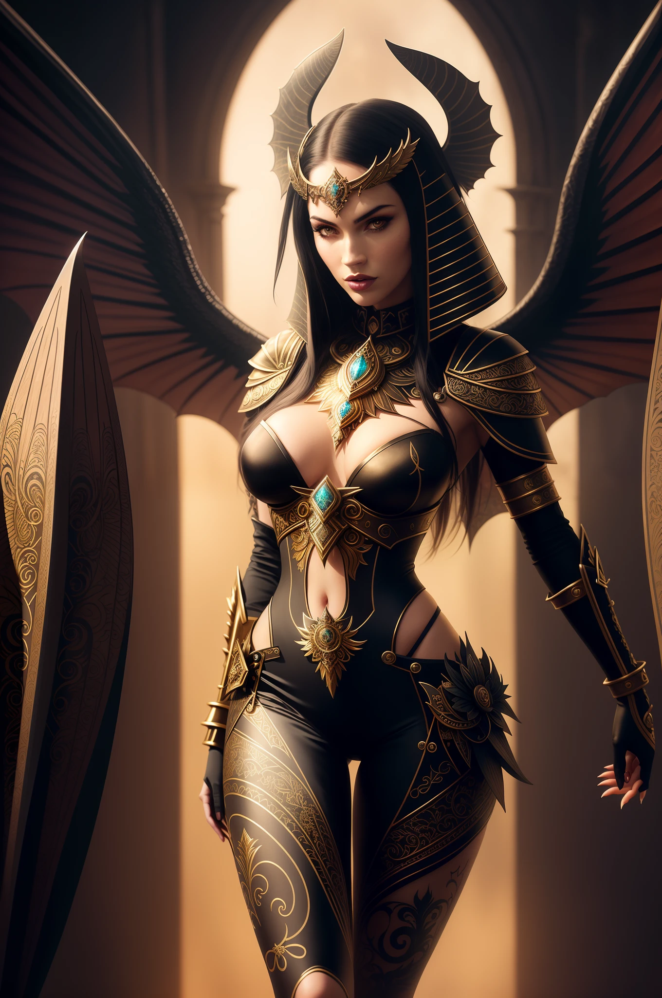 very complex hyper-maximalist overdetailed cinematic tribal darkfantasy closeup portrait of a malignant beautiful young dragon queen megan fox with long black hair and dragon scale wings, Magic the gathering, pale skin and dark eyes,flirting smiling succubus confident seductive, gothic, vibrant high contrast, by andrei riabovitchev, tomasz alen kopera,moleksandra shchaslyva, peter mohrbacher, Omnious intricate, octane, moebius, arney freytag, Fashion photo shoot, glamorous pose, trending on ArtStation, dramatic lighting, fire and smoke, orthodox symbolism, Diesel punk, mist, ambient occlusion, volumetric lighting, Lord of the rings, BioShock, glamorous, emotional, tattoos,shot in the photo studio,Deviant-art, hyper detailed illustration, 8k concept