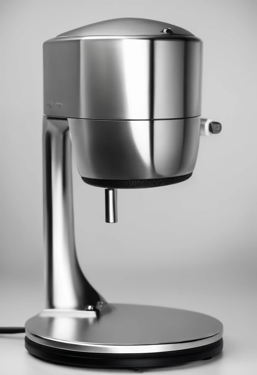 Close-up of metal object on black stand, set against a white background, product introduction photos, Product photo, product image, professional product photo, high quality product photo, studio product shot, single head, textured base ; product image, product photograph, complete scene, higly, mixer rendering, studio product photography, product design shot, full product shot