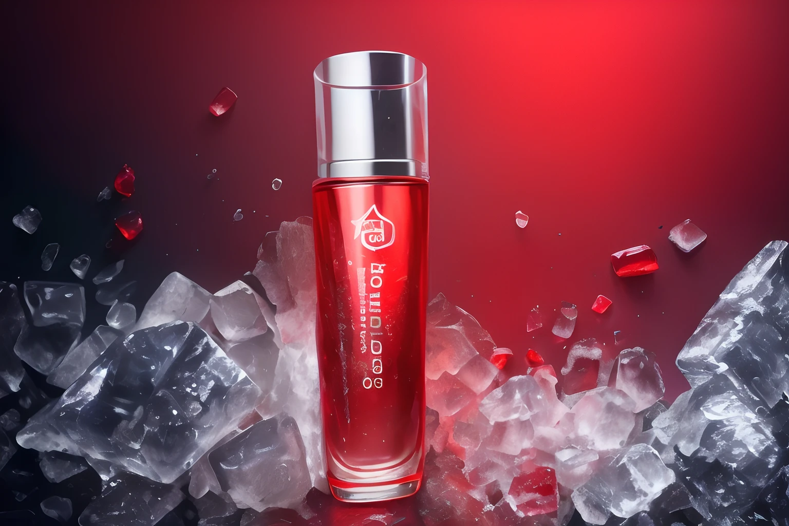 Close-up of a bottle of perfume on an ice bed, (The ice bed has ice cubes)，Black desktop，Place the product on an ice bed，Thick red smell, dramatic product photography, author：Derek Zabroki, products shot，Product lenses, (Top-down view：1.1）red shift render, commercial product photography, author：andrei ryabovichev, Product photography 4 K, author：Alexander Fedosav, “hyper realistic, Product photography, Realistic red 3D rendering