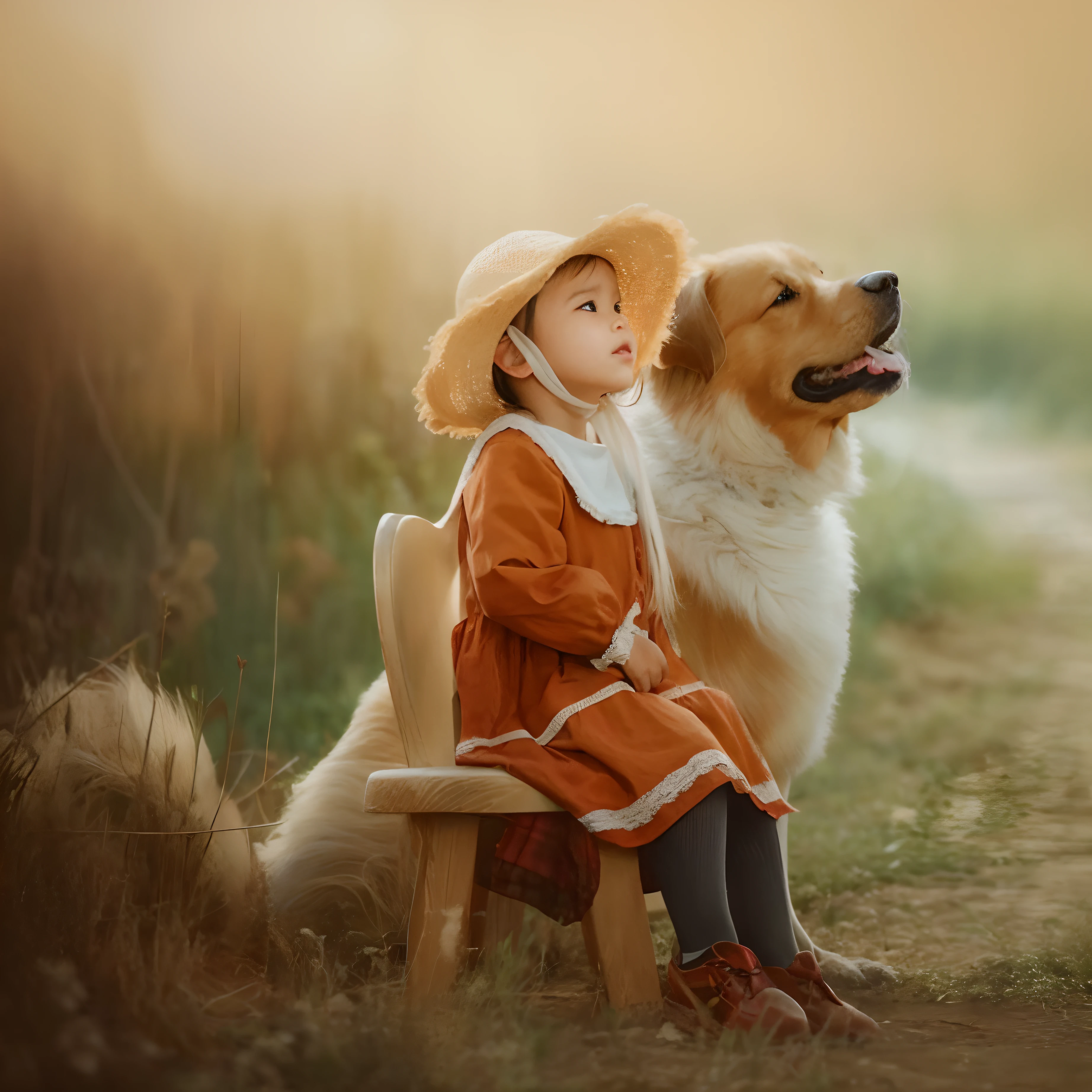 There was a  girl and a dog sitting in a chair, by Irakli Nadar, Amazing composition, author：Emma Andievska, by Yang J, lovely digital painting, very beautiful photograph of, personal profile picture, author：Shang Xi, beautiful realistic photo, Bella Naji Abdi, award - winning pet photography, author：Liang Kai, Oil sketch, Oil painting in acrylic, Oil brush strokes