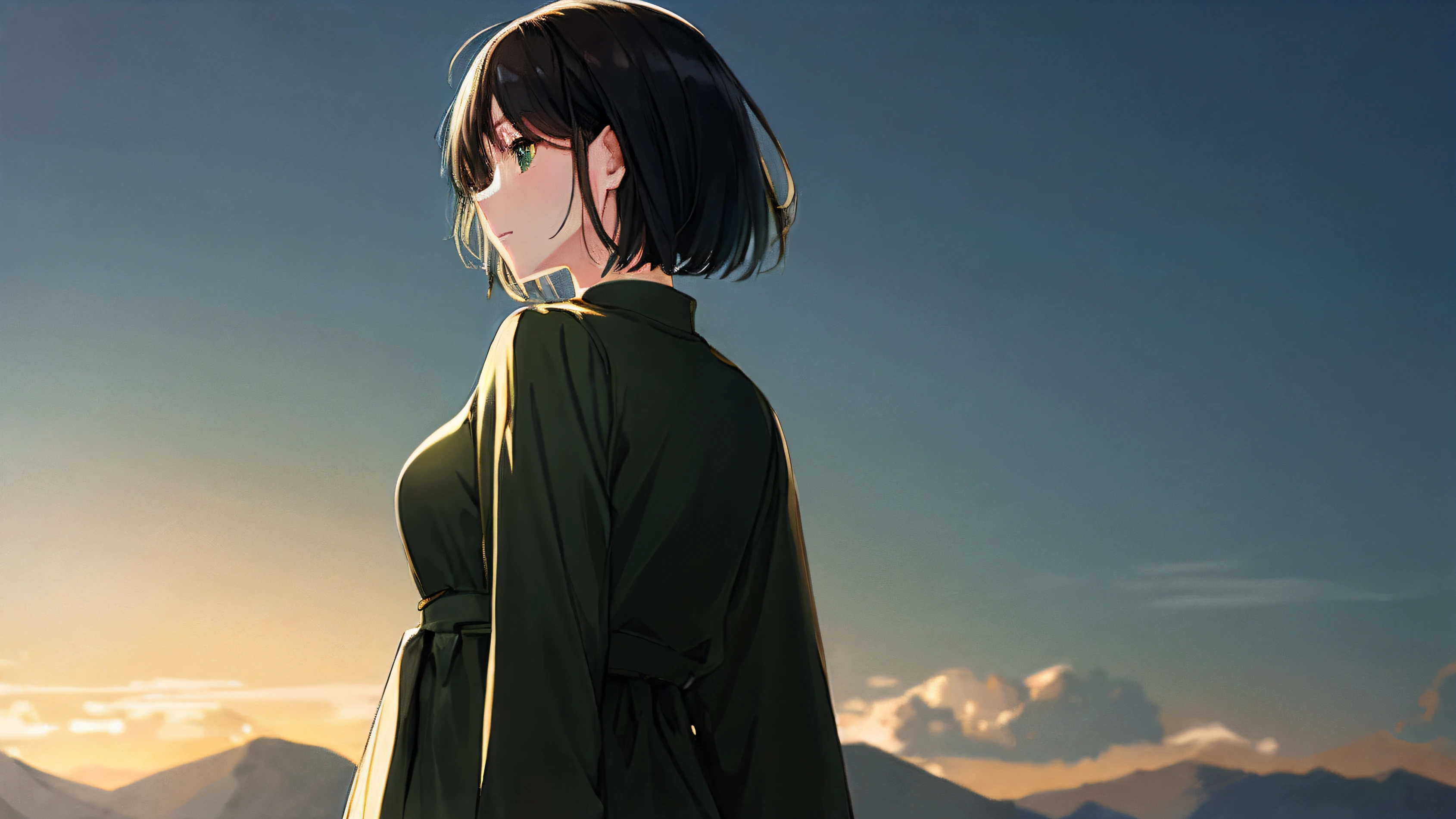 masterpiece, high quality, 8k, beautiful lighting, doga kobo, anime scene, profile, 1girl, kou_sakura, black hair, short hair, small to medium breast, green eyes, decent clothes, looking at viewer, sighing