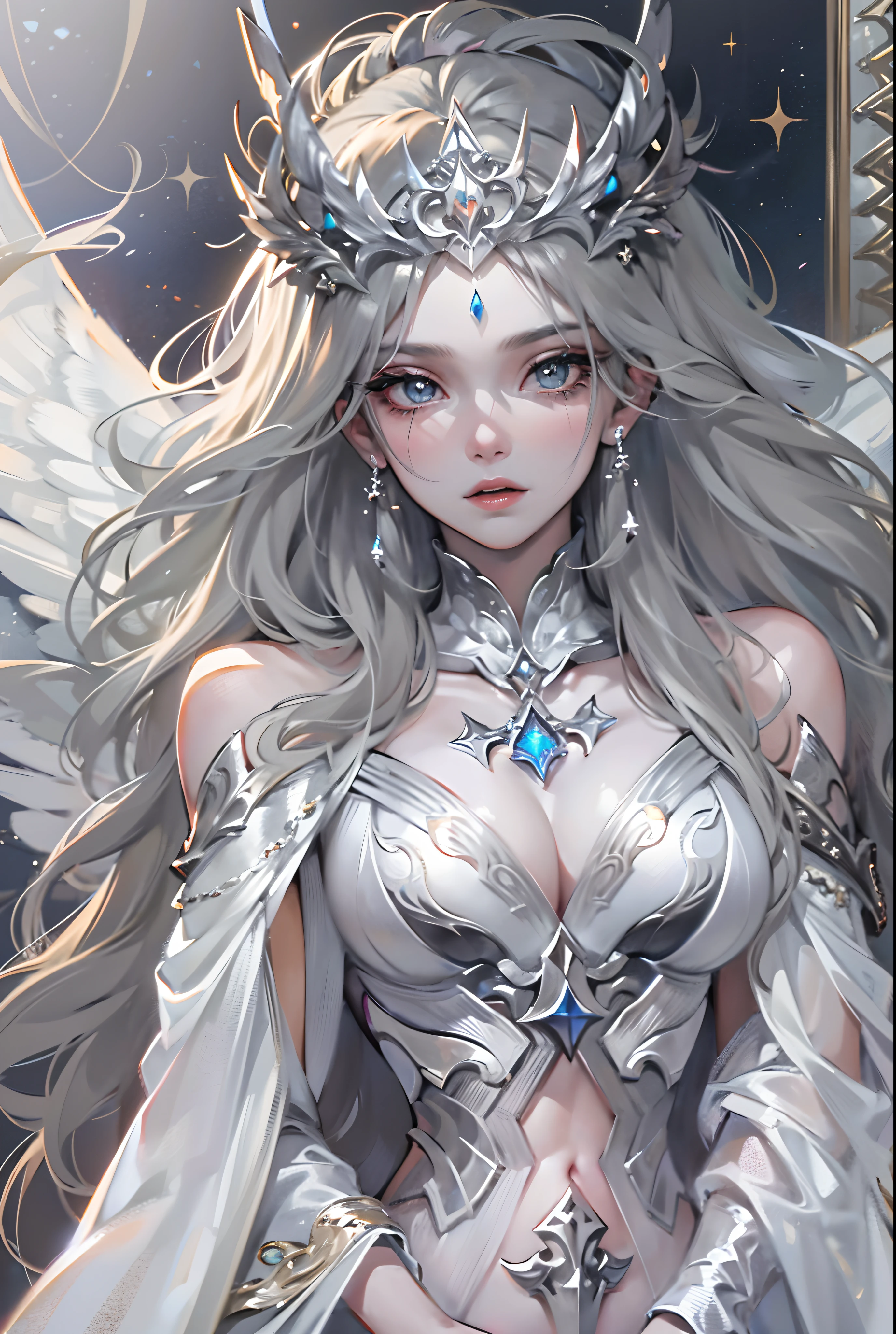 ((tmasterpiece)),(Best quality at best),(A half body),looks away,(ultra intricately detailed),(Highest definition),(8K),(Clean lines),(Perfect facial features,Perfect flesh),(offcial art),1lady,Demigod,(King of Angels),Heavenly judgment,Silver makeup,paleskin,Master the balance,Majesty,Solemn,vacant eyes,Extremely long hair like the Milky Way,Starry twinkling eyes,Indifferent expression,(Gorgeous silver mask)