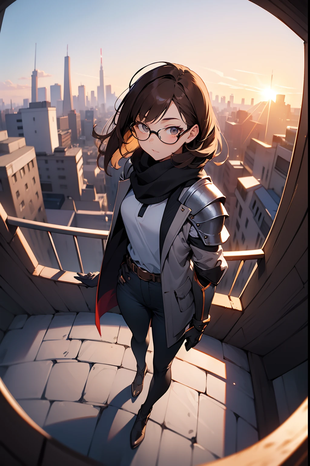 ((Masterpiece))((sfv))
(Best_quality)
(fish eye) (From_above)
(Blurry_Background) (Depth_af_Field)
(Caustics)
(Outdoors) (Rooftop) (Sunset) (back lit lighting) (Sunlight)
Welt is a tall man, Woman with brown eyes,There is matching brown hair,There is a small white stripe. She wore a gray and white dress jacket,A scarf and black armor are worn on the chest. She also wears glasses, Dark brown pants, Black shoes, Black gloves, Full body denim shot, Destroyed city background