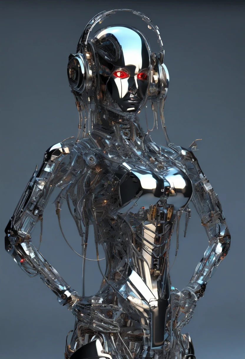 cyborg female fully chrome chasm with inner transparent clockwork mechanisms dj djing