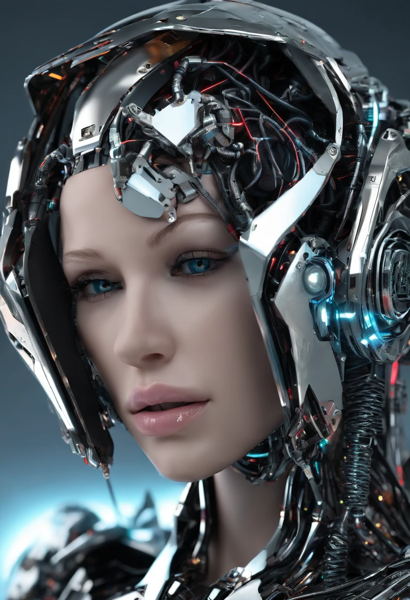 cyborg female fully chrome chasm with inner transparent clockwork mechanisms dj djing