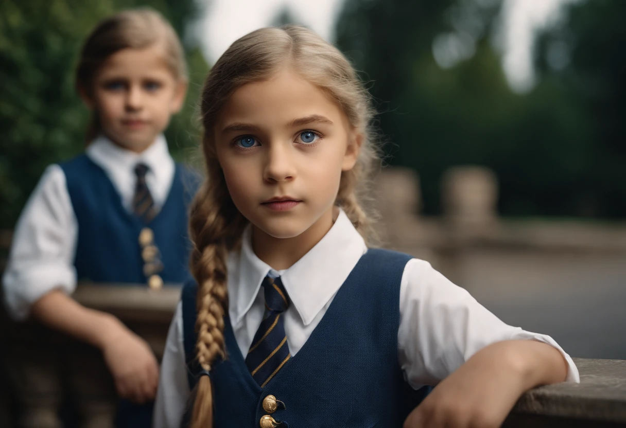 children wearing rich expensive Europeans style school uniforms, intricate details, HDR, beautifully shot, realistic, sharp focus, 64 megapixels, perfect composition, high contrast, cinematic, 8K, CAUCASIAN, GOLDEN HAIR, BLUE EYES