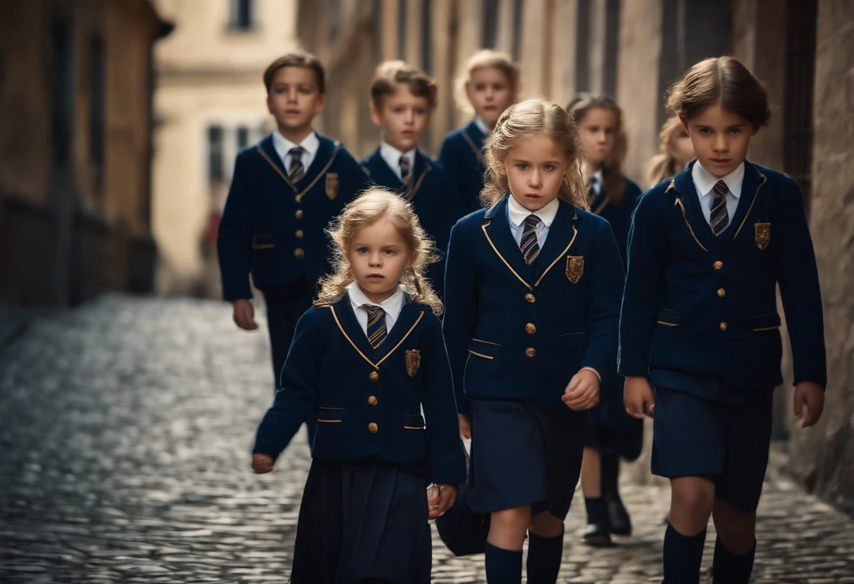 children wearing rich expensive Europeans style school uniforms, intricate details, HDR, beautifully shot, realistic, sharp focus, 64 megapixels, perfect composition, high contrast, cinematic, 8K, CAUCASIAN, GOLDEN HAIR, BLUE EYES