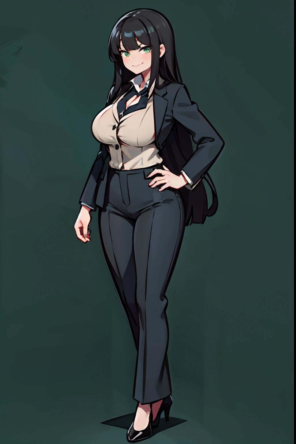 A 40 year old, mature, super tall, professional teacher, long black hair, green eyes, super busty, wearing professional outfit, smirking. Full body in frame.