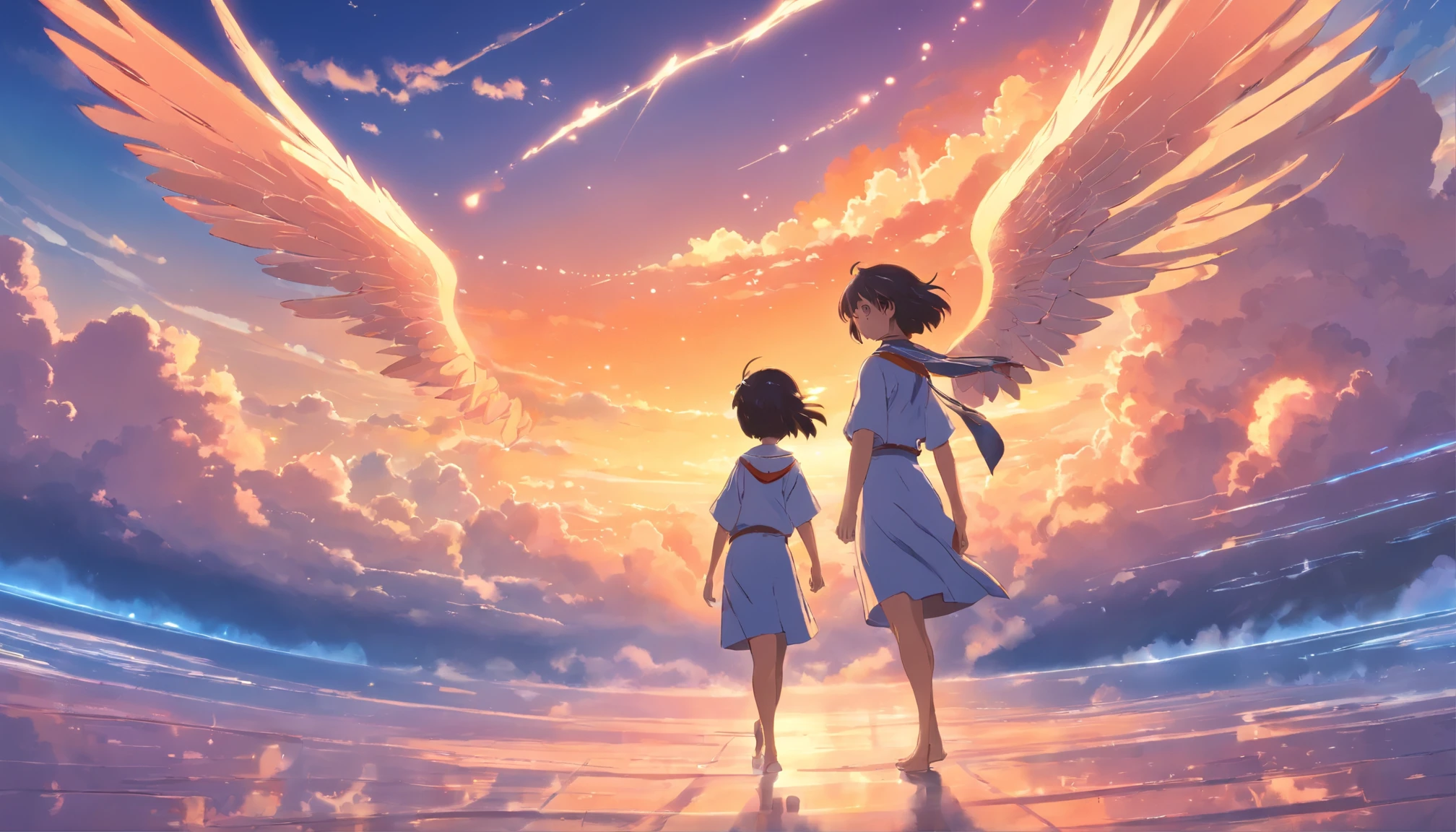 Angels without human feelings, the creator of the universe, mito, In the background of the image, Scene of the Tian Shan, orange clouds. The style of the image should be a caricature, With strong and eye-catching brushstrokes, As well as the mythology and angelic breath of the characters ,Female angels,grim eyes